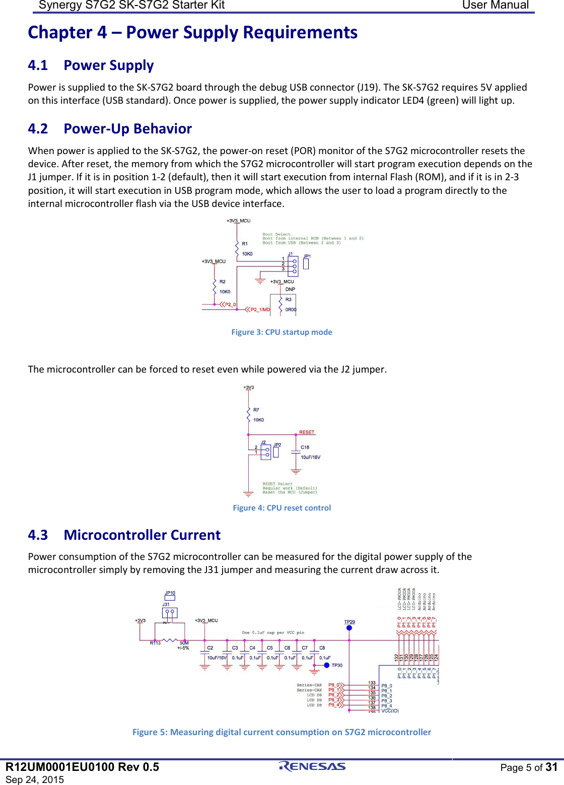 Synergy S7G2 SK-S7G2 Starter Kit  User Manual  R12UM0001EU0100 Rev 0.5 Sep 24, 2015  Page 5 of 31  Chapter 4 – Power Supply Requirements 4.1  Power Supply Power is supplied to the SK-S7G2 board through the debug USB connector (J19). The SK-S7G2 requires 5V applied on this interface (USB standard). Once power is supplied, the power supply indicator LED4 (green) will light up. 4.2  Power-Up Behavior When power is applied to the SK-S7G2, the power-on reset (POR) monitor of the S7G2 microcontroller resets the device. After reset, the memory from which the S7G2 microcontroller will start program execution depends on the J1 jumper. If it is in position 1-2 (default), then it will start execution from internal Flash (ROM), and if it is in 2-3 position, it will start execution in USB program mode, which allows the user to load a program directly to the internal microcontroller flash via the USB device interface.   Figure 3: CPU startup mode  The microcontroller can be forced to reset even while powered via the J2 jumper.  Figure 4: CPU reset control 4.3  Microcontroller Current Power consumption of the S7G2 microcontroller can be measured for the digital power supply of the microcontroller simply by removing the J31 jumper and measuring the current draw across it.   Figure 5: Measuring digital current consumption on S7G2 microcontroller 