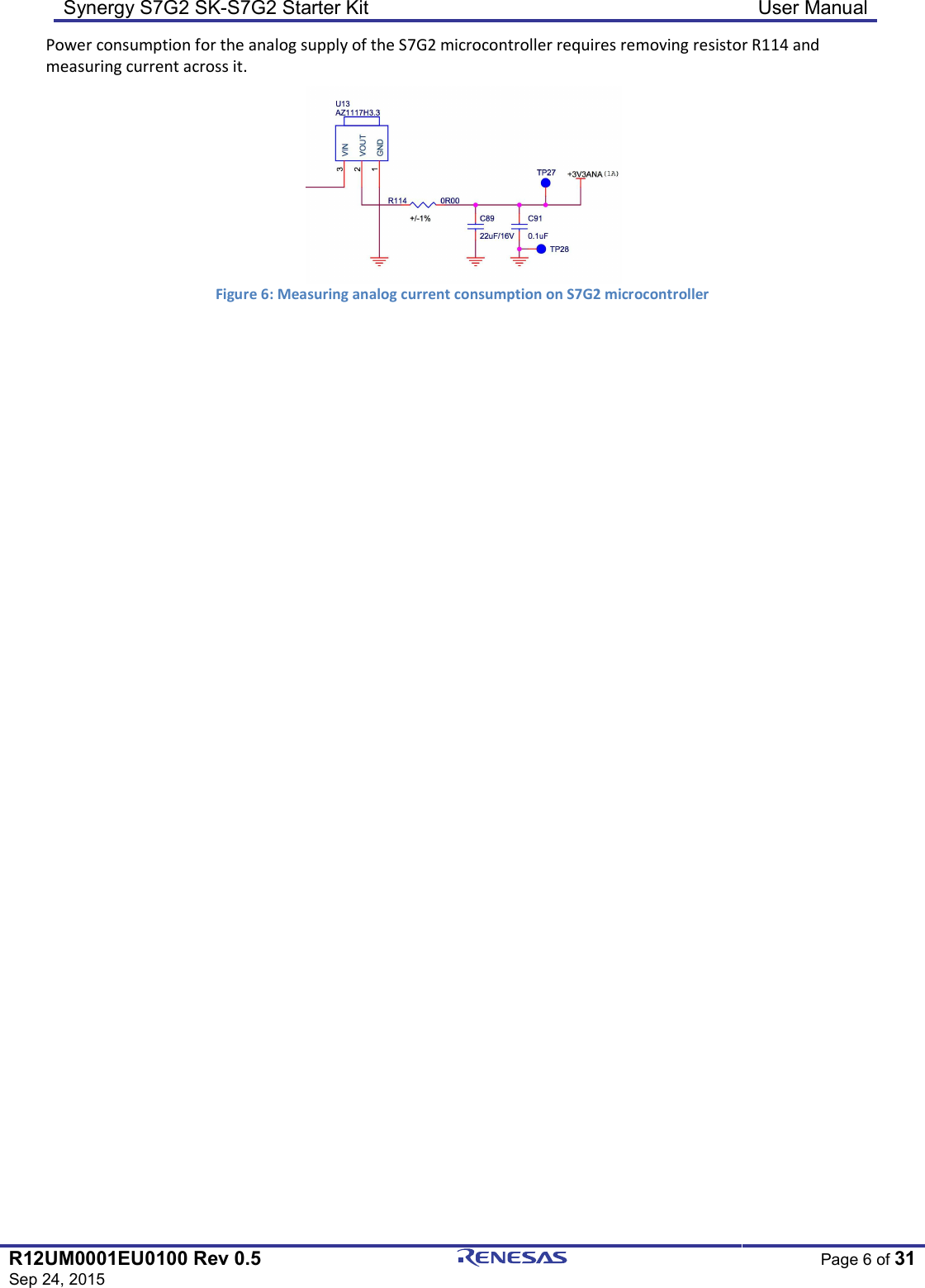 Synergy S7G2 SK-S7G2 Starter Kit  User Manual  R12UM0001EU0100 Rev 0.5 Sep 24, 2015  Page 6 of 31  Power consumption for the analog supply of the S7G2 microcontroller requires removing resistor R114 and measuring current across it.  Figure 6: Measuring analog current consumption on S7G2 microcontroller  