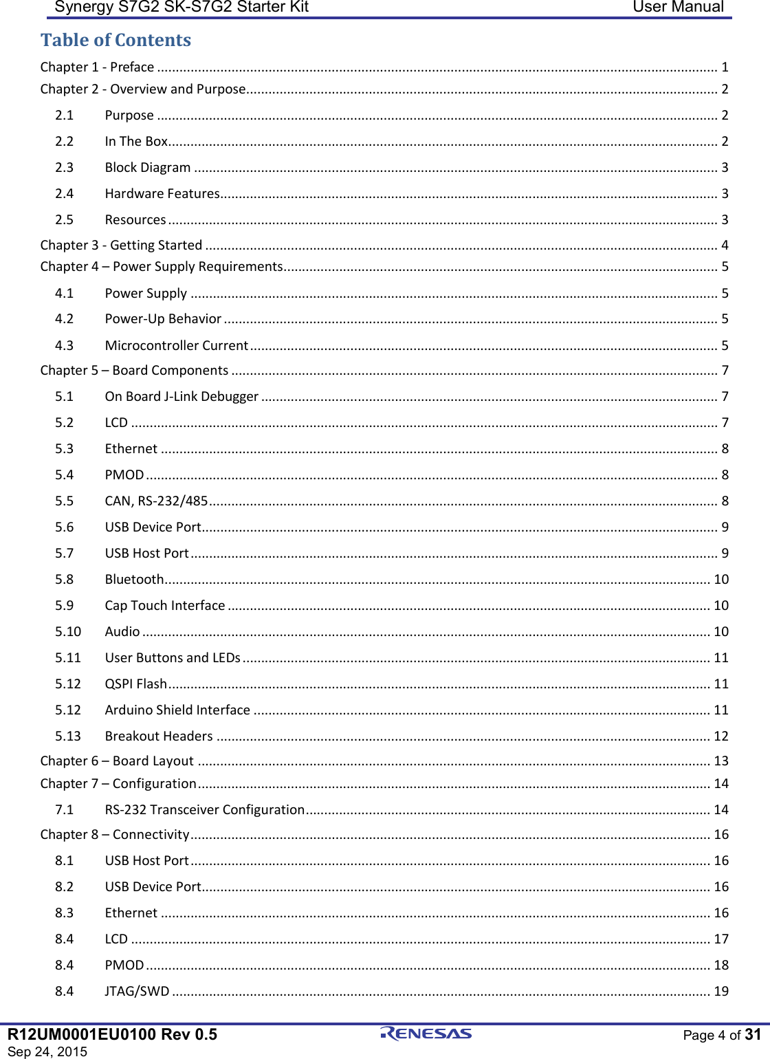 Synergy S7G2 SK-S7G2 Starter Kit  User Manual  R12UM0001EU0100 Rev 0.5 Sep 24, 2015  Page 4 of 31  Table of Contents Chapter 1 - Preface ....................................................................................................................................................... 1 Chapter 2 - Overview and Purpose............................................................................................................................... 2 2.1 Purpose ....................................................................................................................................................... 2 2.2 In The Box .................................................................................................................................................... 2 2.3 Block Diagram ............................................................................................................................................. 3 2.4 Hardware Features ...................................................................................................................................... 3 2.5 Resources .................................................................................................................................................... 3 Chapter 3 - Getting Started .......................................................................................................................................... 4 Chapter 4 – Power Supply Requirements ..................................................................................................................... 5 4.1 Power Supply .............................................................................................................................................. 5 4.2 Power-Up Behavior ..................................................................................................................................... 5 4.3 Microcontroller Current .............................................................................................................................. 5 Chapter 5 – Board Components ................................................................................................................................... 7 5.1 On Board J-Link Debugger ........................................................................................................................... 7 5.2 LCD .............................................................................................................................................................. 7 5.3 Ethernet ...................................................................................................................................................... 8 5.4 PMOD .......................................................................................................................................................... 8 5.5 CAN, RS-232/485 ......................................................................................................................................... 8 5.6 USB Device Port........................................................................................................................................... 9 5.7 USB Host Port .............................................................................................................................................. 9 5.8 Bluetooth ................................................................................................................................................... 10 5.9 Cap Touch Interface .................................................................................................................................. 10 5.10 Audio ......................................................................................................................................................... 10 5.11 User Buttons and LEDs .............................................................................................................................. 11 5.12 QSPI Flash .................................................................................................................................................. 11 5.12 Arduino Shield Interface ........................................................................................................................... 11 5.13 Breakout Headers ..................................................................................................................................... 12 Chapter 6 – Board Layout .......................................................................................................................................... 13 Chapter 7 – Configuration .......................................................................................................................................... 14 7.1 RS-232 Transceiver Configuration ............................................................................................................. 14 Chapter 8 – Connectivity ............................................................................................................................................ 16 8.1 USB Host Port ............................................................................................................................................ 16 8.2 USB Device Port......................................................................................................................................... 16 8.3 Ethernet .................................................................................................................................................... 16 8.4 LCD ............................................................................................................................................................ 17 8.4 PMOD ........................................................................................................................................................ 18 8.4 JTAG/SWD ................................................................................................................................................. 19 