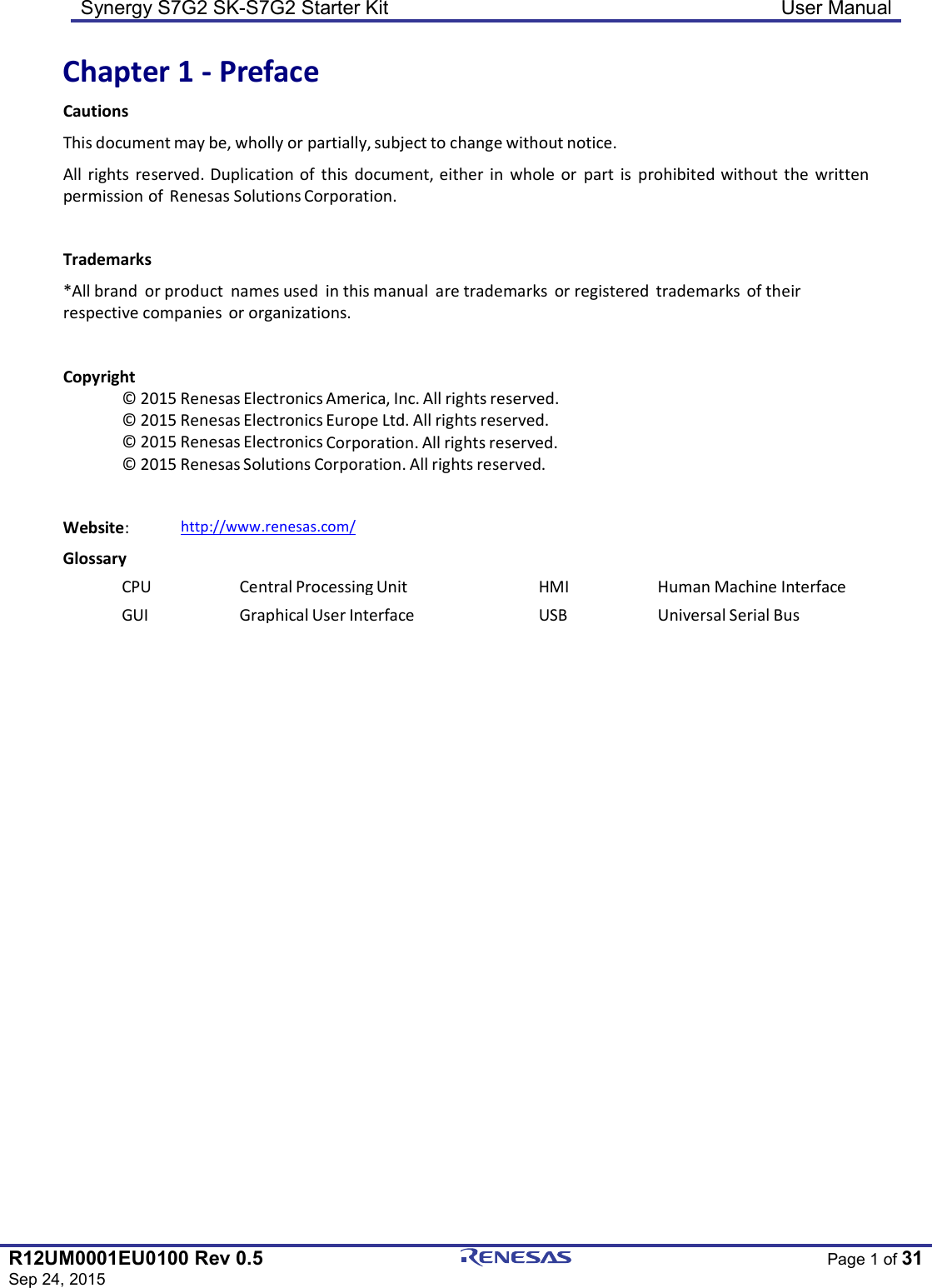 Synergy S7G2 SK-S7G2 Starter Kit  User Manual  R12UM0001EU0100 Rev 0.5 Sep 24, 2015  Page 1 of 31  Chapter 1 - Preface Cautions This document may be, wholly or partially, subject to change without notice. All  rights  reserved. Duplication of  this  document, either  in  whole  or  part  is  prohibited without  the  written permission of  Renesas Solutions Corporation.  Trademarks *All brand  or product  names used  in this manual  are trademarks  or registered  trademarks  of their respective companies  or organizations.  Copyright © 2015 Renesas Electronics America, Inc. All rights reserved. © 2015 Renesas Electronics Europe Ltd. All rights reserved. © 2015 Renesas Electronics Corporation. All rights reserved. © 2015 Renesas Solutions Corporation. All rights reserved.  Website: http://www.renesas.com/   Glossary  CPU Central Processing Unit HMI Human Machine Interface GUI Graphical User Interface USB Universal Serial Bus 