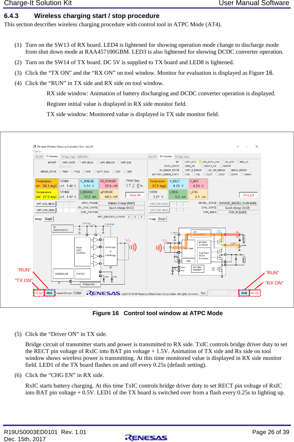 Charge-It Solution Kit User Manual Software R19US0003ED0101  Rev. 1.01    Page 26 of 39 Dec. 15th, 2017    6.4.3 Wireless charging start / stop procedure This section describes wireless charging procedure with control tool in ATPC Mode (AT4).  (1) Turn on the SW13 of RX board. LED4 is lightened for showing operation mode change to discharge mode from shut down mode at RAA457100GBM. LED3 is also lightened for showing DCDC converter operation. (2) Turn on the SW14 of TX board. DC 5V is supplied to TX board and LED8 is lightened. (3) Click the “TX ON” and the “RX ON” on tool window. Monitor for evaluation is displayed as Figure 16. (4) Click the “RUN” in TX side and RX side on tool window.  RX side window: Animation of battery discharging and DCDC converter operation is displayed.  Register initial value is displayed in RX side monitor field.   TX side window: Monitored value is displayed in TX side monitor field.     Figure 16   Control tool window at ATPC Mode  (5) Click the “Driver ON” in TX side. Bridge circuit of transmitter starts and power is transmitted to RX side. TxIC controls bridge driver duty to set the RECT pin voltage of RxIC into BAT pin voltage + 1.5V. Animation of TX side and Rx side on tool window shows wireless power is transmitting. At this time monitored value is displayed in RX side monitor field. LED1 of the TX board flashes on and off every 0.25s (default setting). (6) Click the “CHG EN” in RX side. RxIC starts battery charging. At this time TxIC controls bridge driver duty to set RECT pin voltage of RxIC into BAT pin voltage + 0.5V. LED1 of the TX board is switched over from a flash every 0.25s to lighting up. “TX ON” “RUN” “RX ON” “RUN” 