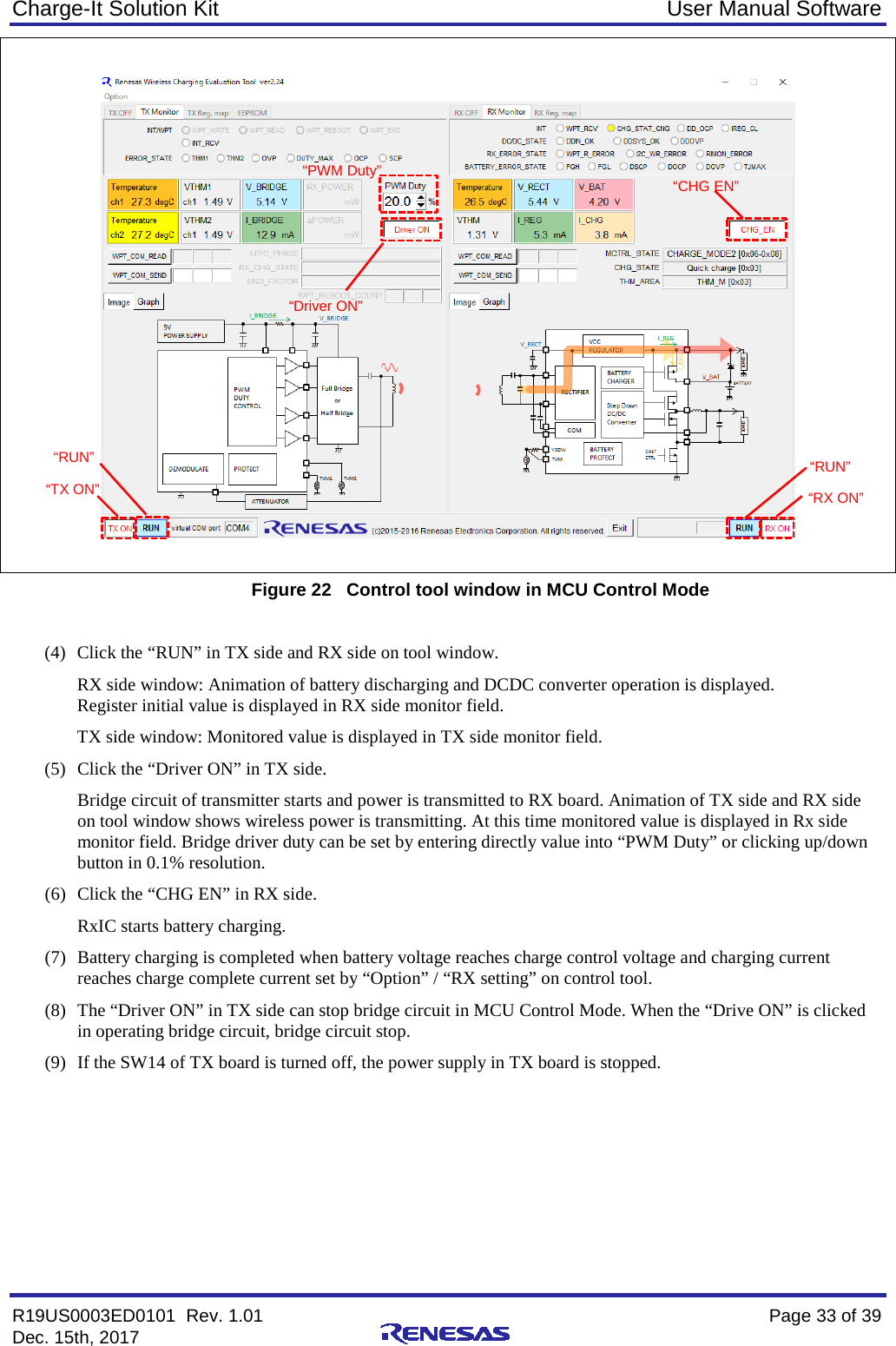 Charge-It Solution Kit User Manual Software R19US0003ED0101  Rev. 1.01    Page 33 of 39 Dec. 15th, 2017       Figure 22   Control tool window in MCU Control Mode  (4) Click the “RUN” in TX side and RX side on tool window.  RX side window: Animation of battery discharging and DCDC converter operation is displayed.  Register initial value is displayed in RX side monitor field.   TX side window: Monitored value is displayed in TX side monitor field. (5) Click the “Driver ON” in TX side. Bridge circuit of transmitter starts and power is transmitted to RX board. Animation of TX side and RX side on tool window shows wireless power is transmitting. At this time monitored value is displayed in Rx side monitor field. Bridge driver duty can be set by entering directly value into “PWM Duty” or clicking up/down button in 0.1% resolution. (6) Click the “CHG EN” in RX side. RxIC starts battery charging. (7) Battery charging is completed when battery voltage reaches charge control voltage and charging current reaches charge complete current set by “Option” / “RX setting” on control tool. (8) The “Driver ON” in TX side can stop bridge circuit in MCU Control Mode. When the “Drive ON” is clicked in operating bridge circuit, bridge circuit stop. (9) If the SW14 of TX board is turned off, the power supply in TX board is stopped.    “TX ON” “RUN” “RX ON” “RUN” “Driver ON” “PWM Duty” “CHG EN” 
