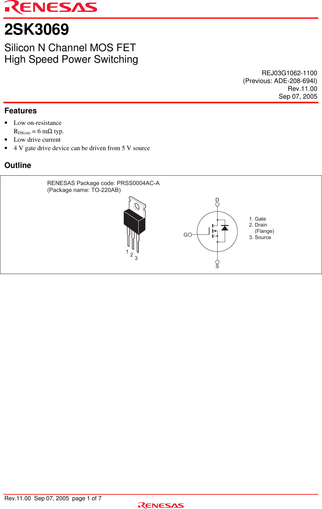 Page 1 of 8 - Renesas Renesas-2Sk3069-Users-Manual- 2SK3069 Datasheet  Renesas-2sk3069-users-manual