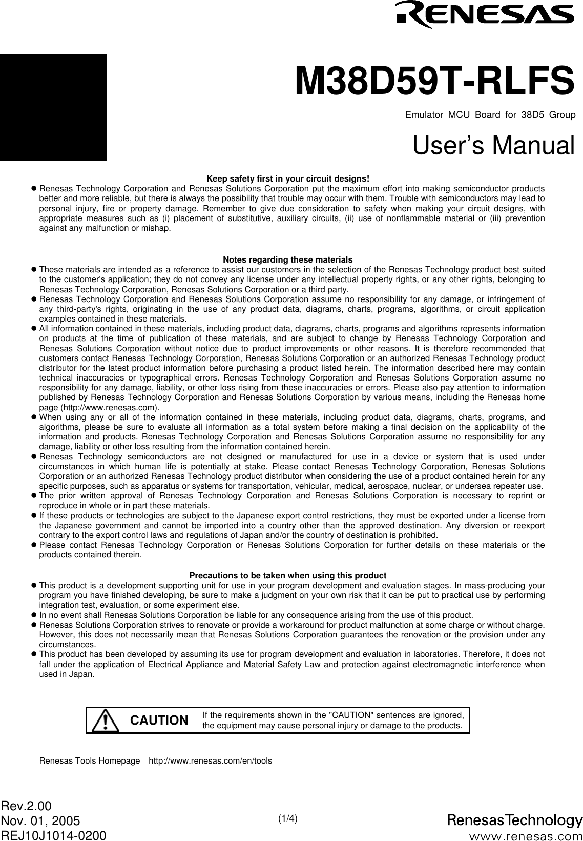 Page 1 of 4 - Renesas Renesas-Emulator-Mcu-Board-For-38D5-Group-M38D59T-Rlfs-Users-Manual- M38D59T-RLFS User’s Manual  Renesas-emulator-mcu-board-for-38d5-group-m38d59t-rlfs-users-manual