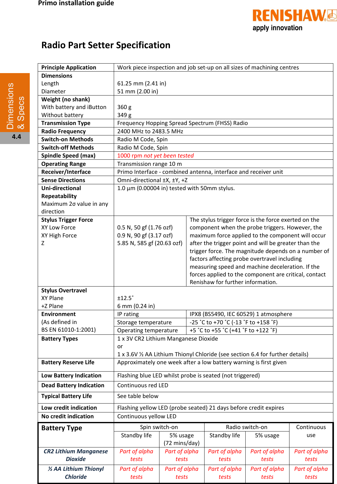   Radio Part Setter SpecificationPrinciple Application  Work piece inspection and job set-up on all sizes of machining centres Dimensions Length Diameter  61.25 mm (2.41 in) 51 mm (2.00 in) Weight (no shank) With battery and iButton Without battery  360 g 349 g Transmission Type  Frequency Hopping Spread Spectrum (FHSS) Radio Radio Frequency  2400 MHz to 2483.5 MHz Switch-on Methods  Radio M Code, Spin Switch-off Methods  Radio M Code, Spin Spindle Speed (max)  1000 rpm not yet been tested Operating Range  Transmission range 10 m Receiver/Interface  Primo Interface - combined antenna, interface and receiver unit Sense Directions  Omni-directional ±X, ±Y, +Z Uni-directional Repeatability Maximum 2σ value in any direction 1.0 µm (0.00004 in) tested with 50mm stylus. Stylus Trigger Force XY Low Force XY High Force Z  0.5 N, 50 gf (1.76 ozf) 0.9 N, 90 gf (3.17 ozf)  5.85 N, 585 gf (20.63 ozf) The stylus trigger force is the force exerted on the component when the probe triggers. However, the maximum force applied to the component will occur after the trigger point and will be greater than the trigger force. The magnitude depends on a number of factors affecting probe overtravel including measuring speed and machine deceleration. If the forces applied to the component are critical, contact Renishaw for further information. Stylus Overtravel  XY Plane +Z Plane  ±12.5˚ 6 mm (0.24 in) Environment (As defined in  BS EN 61010-1:2001) IP rating  IPX8 (BS5490, IEC 60529) 1 atmosphere Storage temperature  -25 ˚C to +70 ˚C (-13 ˚F to +158 ˚F) Operating temperature  +5 ˚C to +55 ˚C (+41 ˚F to +122 ˚F) Battery Types  1 x 3V CR2 Lithium Manganese Dioxide or 1 x 3.6V ½ AA Lithium Thionyl Chloride (see section 6.4 for further details) Battery Reserve Life  Approximately one week after a low battery warning is first given Low Battery Indication  Flashing blue LED whilst probe is seated (not triggered) Dead Battery Indication  Continuous red LED Typical Battery Life  See table below Low credit indication  Flashing yellow LED (probe seated) 21 days before credit expires No credit indication  Continuous yellow LED Battery Type Spin switch-on  Radio switch-on  Continuous use Standby life 5% usage           (72 mins/day) Standby life  5% usage CR2 Lithium Manganese Dioxide Part of alpha tests Part of alpha tests Part of alpha tests Part of alpha tests Part of alpha tests ½ AA Lithium Thionyl Chloride Part of alpha tests Part of alpha tests Part of alpha tests Part of alpha tests Part of alpha tests Primo installation guide Dimensions &amp; Specs  4.4 