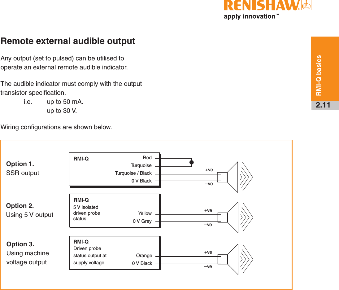 2.11RMI-Q basicsRemote external audible outputAny output (set to pulsed) can be utilised to operate an external remote audible indicator.The audible indicator must comply with the output transistor specification.   i.e.  up to 50 mA.     up to 30 V.Wiring configurations are shown below. Option 1. SSR outputOption 2. Using 5 V outputOption 3. Using machine  voltage outputRMI-QRedTurquoise Turquoise / Black0 V Black+ve –veYellow0 V Grey5 V isolated driven probe statusRMI-QOrange0 V BlackDriven probe status output at supply voltage+ve –ve+ve –veRMI-Q