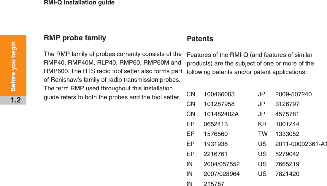 RMI-Q installation guide1.2Before you beginRMP probe familyThe RMP family of probes currently consists of the RMP40, RMP40M, RLP40, RMP60, RMP60M and RMP600. The RTS radio tool setter also forms part of Renishaw&apos;s family of radio transmission probes. The term RMP used throughout this installation guide refers to both the probes and the tool setter. CN 100466003CN 101287958CN 101482402AEP 0652413EP 1576560EP 1931936EP 2216761IN 2004/057552IN 2007/028964IN 215787JP 2009-507240JP 3126797JP 4575781KR 1001244TW 1333052US 2011-00002361-A1US 5279042US 7665219US 7821420PatentsFeatures of the RMI-Q (and features of similar products) are the subject of one or more of the following patents and/or patent applications: