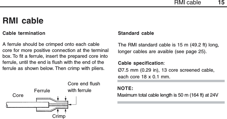15Core end flushwith ferruleCoreFerruleCrimpCable terminationA ferrule should be crimped onto each cablecore for more positive connection at the terminalbox. To fit a ferrule, insert the prepared core intoferrule, until the end is flush with the end of theferrule as shown below. Then crimp with pliers.NOTE:Maximum total cable length is 50 m (164 ft) at 24VStandard cableThe RMI standard cable is 15 m (49.2 ft) long,longer cables are avaible (see page 25).Cable specification:Ø7.5 mm (0.29 in), 13 core screened cable,each core 18 x 0.1 mm.RMI cableRMI cable