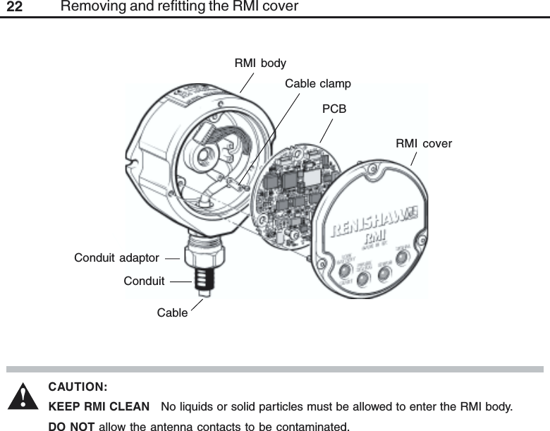 22 Removing and refitting the RMI coverRMI coverCAUTION:KEEP RMI CLEAN   No liquids or solid particles must be allowed to enter the RMI body.DO NOT allow the antenna contacts to be contaminated.!PCBRMI bodyConduit adaptorConduitCableCable clamp