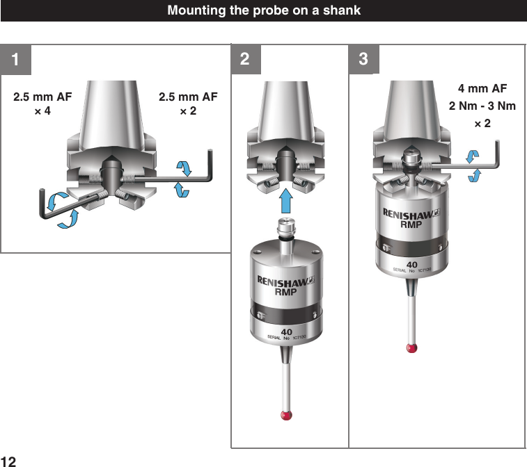 2 312.5 mm AF  × 42.5 mm AF  × 24 mm AF 2 Nm - 3 Nm × 212Mounting the probe on a shank