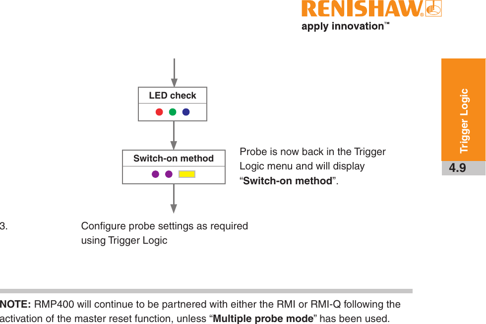 4.9Trigger LogicLED check       Switch-on method       Probe is now back in the Trigger Logic menu and will display “Switch-on method”.Configure probe settings as required using Trigger Logic3.NOTE: RMP400 will continue to be partnered with either the RMI or RMI-Q following the activation of the master reset function, unless “Multiple probe mode” has been used.Draft 5 16/04/18