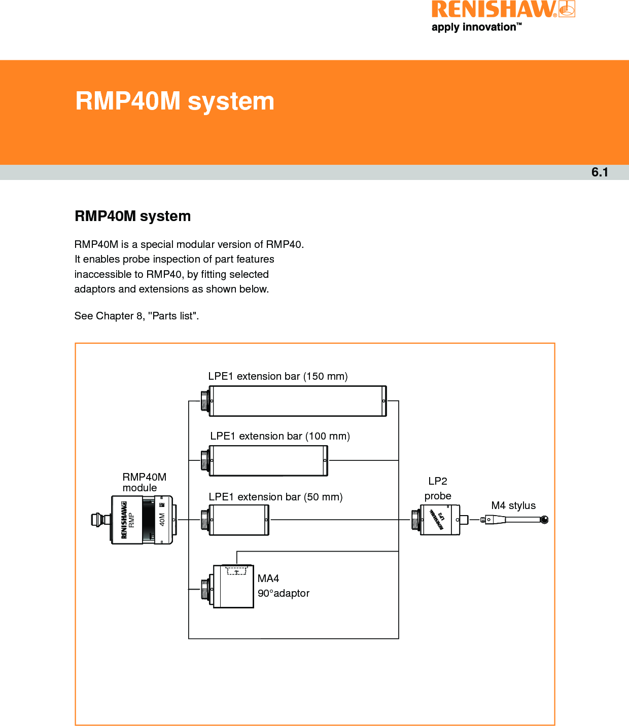 40MRMP437986.1RMP40M systemRMP40M is a special modular version of RMP40. It enables probe inspection of part features inaccessible to RMP40, by fitting selected adaptors and extensions as shown below.See Chapter 8, &quot;Parts list&quot;.M4 stylusLP2 probeLPE1 extension bar (150 mm)LPE1 extension bar (100 mm)LPE1 extension bar (50 mm)MA4 90°adaptorRMP40M moduleRMP40M system