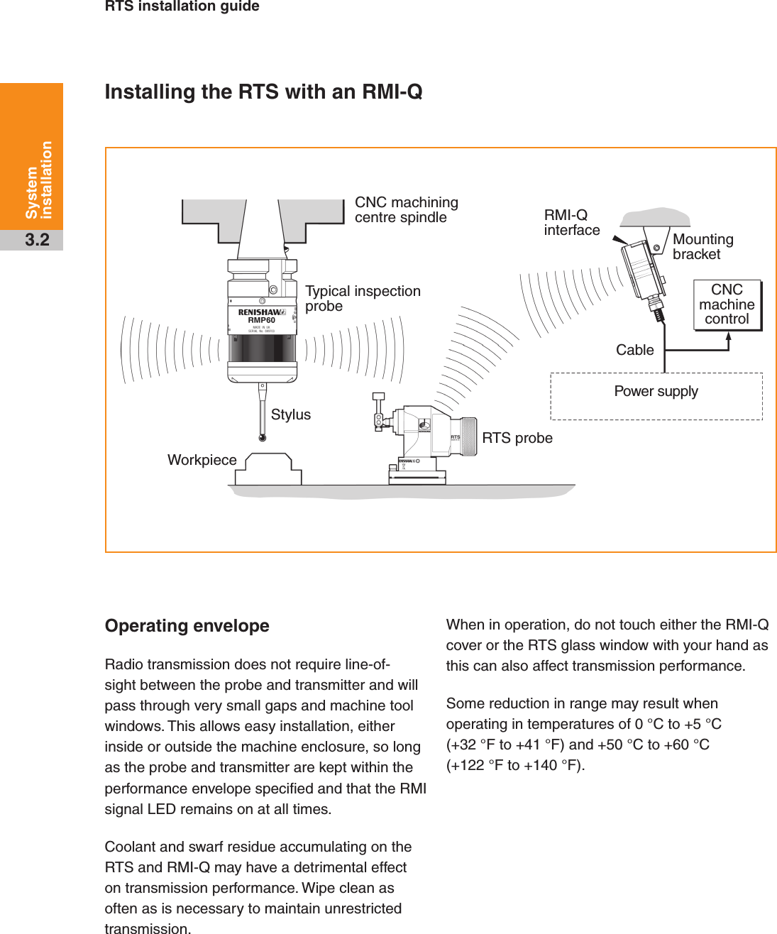 RTS installation guide3.2System installationInstalling the RTS with an RMI-QCNC machining centre spindleTypical inspection probeRMI-Q interface Mounting bracketCNC machine controlPower supplyRTS probeCableWorkpieceStylusOperating envelopeRadio transmission does not require line-of-sight between the probe and transmitter and will pass through very small gaps and machine tool windows. This allows easy installation, either inside or outside the machine enclosure, so long as the probe and transmitter are kept within the performance envelope specified and that the RMI signal LED remains on at all times. Coolant and swarf residue accumulating on the RTS and RMI-Q may have a detrimental effect on transmission performance. Wipe clean as often as is necessary to maintain unrestricted transmission. When in operation, do not touch either the RMI-Q cover or the RTS glass window with your hand as this can also affect transmission performance.Some reduction in range may result when operating in temperatures of 0 °C to +5 °C (+32 °F to +41 °F) and +50 °C to +60 °C (+122 °F to +140 °F).