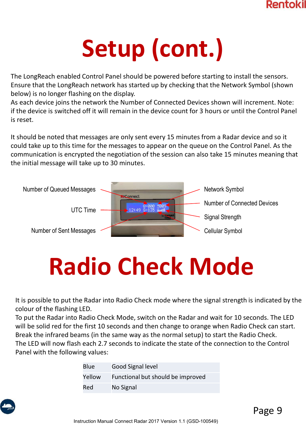 Instruction Manual Connect Radar 2017 Version 1.1 (GSD-100549)Page 9Radio Check ModeSetup (cont.)The LongReach enabled Control Panel should be powered before starting to install the sensors. Ensure that the LongReach network has started up by checking that the Network Symbol (shown below) is no longer flashing on the display. As each device joins the network the Number of Connected Devices shown will increment. Note: if the device is switched off it will remain in the device count for 3 hours or until the Control Panel is reset.It should be noted that messages are only sent every 15 minutes from a Radar device and so it could take up to this time for the messages to appear on the queue on the Control Panel. As the communication is encrypted the negotiation of the session can also take 15 minutes meaning that the initial message will take up to 30 minutes.It is possible to put the Radar into Radio Check mode where the signal strength is indicated by the colour of the flashing LED. To put the Radar into Radio Check Mode, switch on the Radar and wait for 10 seconds. The LED will be solid red for the first 10 seconds and then change to orange when Radio Check can start.Break the infrared beams (in the same way as the normal setup) to start the Radio Check.The LED will now flash each 2.7 seconds to indicate the state of the connection to the Control Panel with the following values:Network SymbolNumber of Connected DevicesSignal StrengthCellular SymbolUTC TimeNumber of Queued MessagesNumber of Sent MessagesBlue Good Signal levelYellow Functional but should be improvedRed No Signal