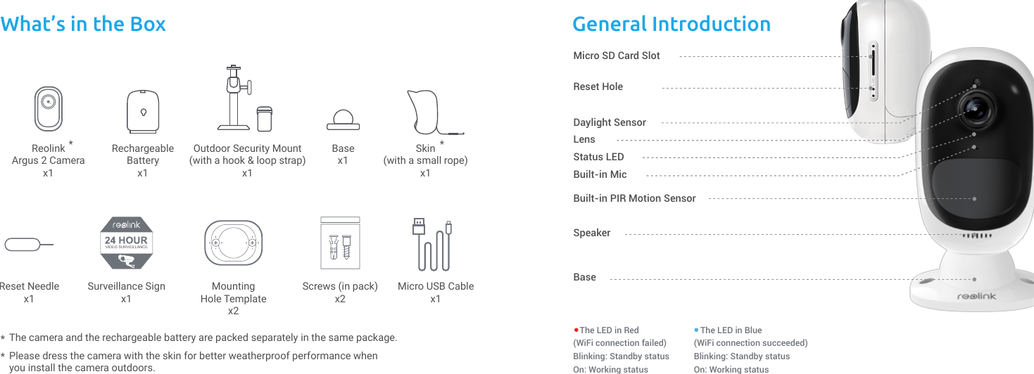 What’s in the BoxReolinkArgus 2 Camerax1Basex1Outdoor Security Mount(with a hook &amp; loop strap)x1Surveillance Signx1MountingHole Templatex2Screws (in pack)x2Micro USB Cablex1Reset Needlex1The camera and the rechargeable battery are packed separately in the same package.RechargeableBatteryx1General IntroductionMicro SD Card SlotReset HoleDaylight SensorLensStatus LEDBuilt-in MicBuilt-in PIR Motion SensorSpeakerBase   The LED in Blue(WiFi connection succeeded)Blinking: Standby statusOn: Working status   The LED in Red(WiFi connection failed)Blinking: Standby statusOn: Working statusSkin(with a small rope)x1* **Please dress the camera with the skin for better weatherproof performance when you install the camera outdoors.*