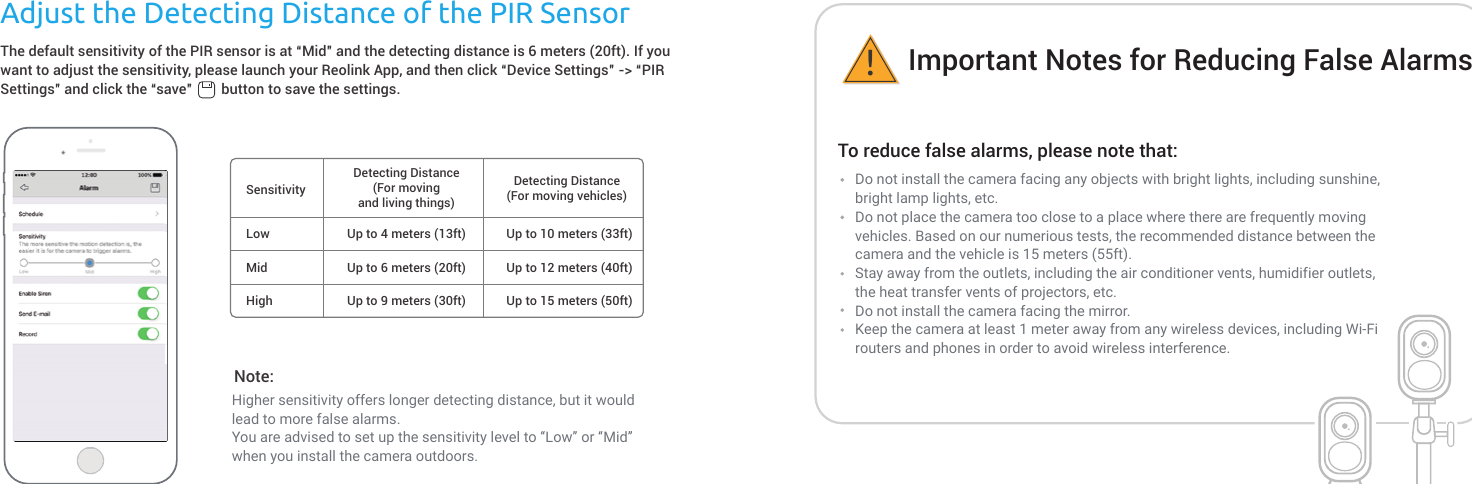 Adjust the Detecting Distance of the PIR SensorThe default sensitivity of the PIR sensor is at “Mid” and the detecting distance is 6 meters (20ft). If you want to adjust the sensitivity, please launch your Reolink App, and then click “Device Settings” -&gt; “PIR Settings” and click the “save”        button to save the settings.SensitivityDetecting Distance(For movingand living things)Detecting Distance(For moving vehicles)HighMidLowUp to 9 meters (30ft)Up to 6 meters (20ft)Up to 4 meters (13ft) Up to 10 meters (33ft)Up to 12 meters (40ft)Up to 15 meters (50ft)Do not install the camera facing any objects with bright lights, including sunshine, bright lamp lights, etc.Do not place the camera too close to a place where there are frequently moving vehicles. Based on our numerious tests, the recommended distance between the camera and the vehicle is 15 meters (55ft).Stay away from the outlets, including the air conditioner vents, humidifier outlets, the heat transfer vents of projectors, etc.Do not install the camera facing the mirror.Keep the camera at least 1 meter away from any wireless devices, including Wi-Fi routers and phones in order to avoid wireless interference.To reduce false alarms, please note that:Important Notes for Reducing False Alarms!Note: Higher sensitivity offers longer detecting distance, but it would lead to more false alarms. You are advised to set up the sensitivity level to “Low” or “Mid” when you install the camera outdoors.