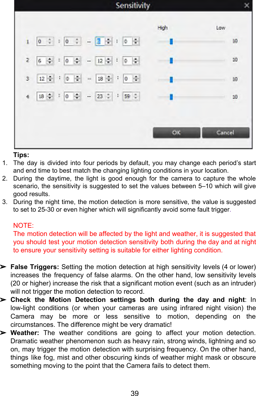  Tips: 1. The day is divided into four periods by default, you may change each period’s start                             and end time to best match the changing lighting conditions in your location. 2. During the daytime, the light is good enough for the camera to capture the whole                             scenario, the sensitivity is suggested to set the values between 5–10 which will give                           good results. 3. During the night time, the motion detection is more sensitive, the value is suggested                           to set to 25-30 or even higher which will significantly avoid some fault trigger.  NOTE: The motion detection will be affected by the light and weather, it is suggested that                             you should test your motion detection sensitivity both during the day and at night                           to ensure your sensitivity setting is suitable for either lighting condition.  ➢False Triggers: Setting the motion detection at high sensitivity levels (4 or lower)                         increases the frequency of false alarms. On the other hand, low sensitivity levels                         (20 or higher) increase the risk that a significant motion event (such as an intruder)                             will not trigger the motion detection to record. ➢Check the Motion Detection settings both during the day and night: In                       low-light conditions (or when your cameras are using infrared night vision) the                       Camera may be more or less sensitive to motion, depending on the                       circumstances. The difference might be very dramatic! ➢Weather: The weather conditions are going to affect your motion detection.                    Dramatic weather phenomenon such as heavy rain, strong winds, lightning and so                       on, may trigger the motion detection with surprising frequency. On the other hand,                         things like fog, mist and other obscuring kinds of weather might mask or obscure                           something moving to the point that the Camera fails to detect them.   39  