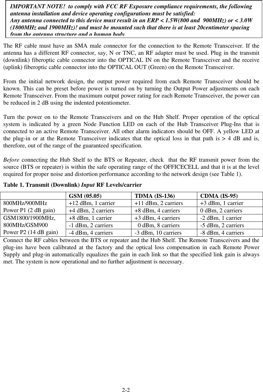 2-2The RF cable must have an SMA male connector for the connection to the Remote Transceiver. If theantenna has a different RF connector, say, N or TNC, an RF adapter must be used. Plug in the transmit(downlink) fiberoptic cable connector into the OPTICAL IN on the Remote Transceiver and the receive(uplink) fiberoptic cable connector into the OPTICAL OUT (Green) on the Remote Transceiver.From the initial network design, the output power required from each Remote Transceiver should beknown. This can be preset before power is turned on by turning the Output Power adjustments on eachRemote Transceiver. From the maximum output power rating for each Remote Transceiver, the power canbe reduced in 2 dB using the indented potentiometer.Turn the power on to the Remote Transceivers and on the Hub Shelf. Proper operation of the opticalsystem is indicated by a green Node Function LED on each of the Hub Transceiver Plug-Ins that isconnected to an active Remote Transceiver. All other alarm indicators should be OFF. A yellow LED atthe plug-in or at the Remote Transceiver indicates that the optical loss in that path is &gt; 4 dB and is,therefore, out of the range of the guaranteed specification.Before connecting the Hub Shelf to the BTS or Repeater, check  that the RF transmit power from thesource (BTS or repeater) is within the safe operating range of the OFFICECELL and that it is at the levelrequired for proper noise and distortion performance according to the network design (see Table 1).Table 1. Transmit (Downlink) Input RF Levels/carrierGSM (05.05) TDMA (IS-136) CDMA (IS-95)+12 dBm, 1 carrier +11 dBm, 2 carriers +3 dBm, 1 carrier800MHz/900MHzPower P1 (2 dB gain) +4 dBm, 2 carriers +8 dBm, 4 carriers 0 dBm, 2 carriers+8 dBm, 1 carrier +3 dBm, 4 carriers -2 dBm, 1 carrier-1 dBm, 2 carriers   0 dBm, 8 carriers -5 dBm, 2 carriersGSM1800/1900MHz,800MHz/GSM900Power P2 (14 dB gain) -4 dBm, 4 carriers -3 dBm, 10 carriers -8 dBm, 4 carriersConnect the RF cables between the BTS or repeater and the Hub Shelf. The Remote Transceivers and theplug-ins have been calibrated at the factory and the optical loss compensation in each Remote PowerSupply and plug-in automatically equalizes the gain in each link so that the specified link gain is alwaysmet. The system is now operational and no further adjustment is necessary.IMPORTANT NOTE!  to comply with FCC RF Exposure compliance requirements, the followingantenna installation and device operating configurations must be satisfied:Any antenna connected to this device must result in an ERP &lt; 1.5W(800 and  900MHz) or &lt; 3.0W(1800MHz and 1900MHz)! and must be mounted such that there is at least 20centimeter spacingfrom the antenna structure and a human body.