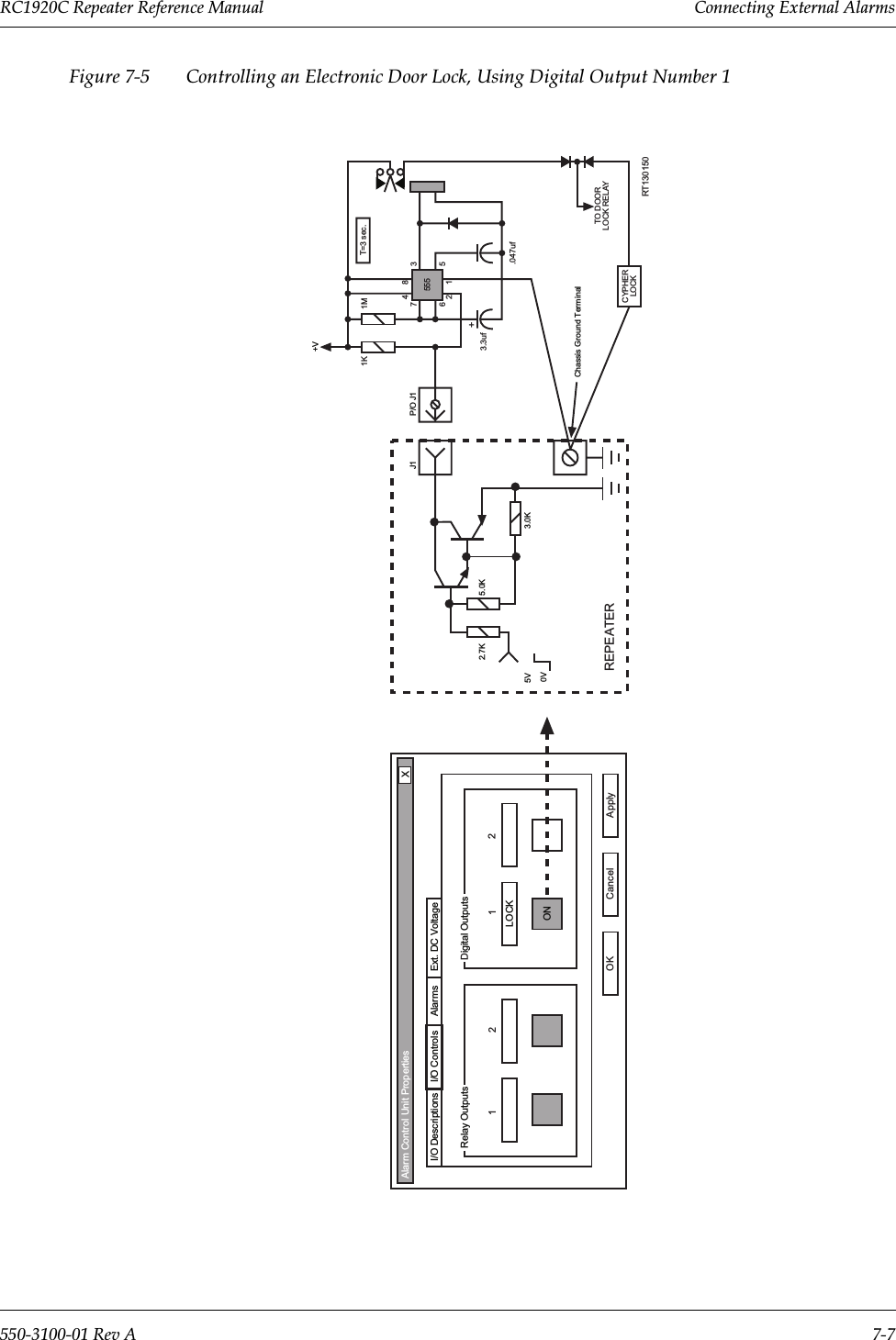 5&amp;&amp;5HSHDWHU5HIHUHQFH0DQXDO  &amp;RQQHFWLQJ([WHUQDO$ODUPV5HY$ )LJXUH  &amp;RQWUROOLQJDQ(OHFWURQLF&apos;RRU/RFN8VLQJ&apos;LJLWDO2XWSXW1XPEHUOK Cancel ApplyRelay Outputs Digital Outputs12 12LOCKI/O Descriptions I/O Controls Alarms Ext. DC VoltageXAlarm Control Unit Properties3.0K2.7K 5.0K5V0VP/O J1J1+VREPEATERRT130150Chassis Ground TerminalT=3 sec.847351261M1K+3.3uf.047ufTO DOORLOCK RELAYCYPHERLOCK555ON