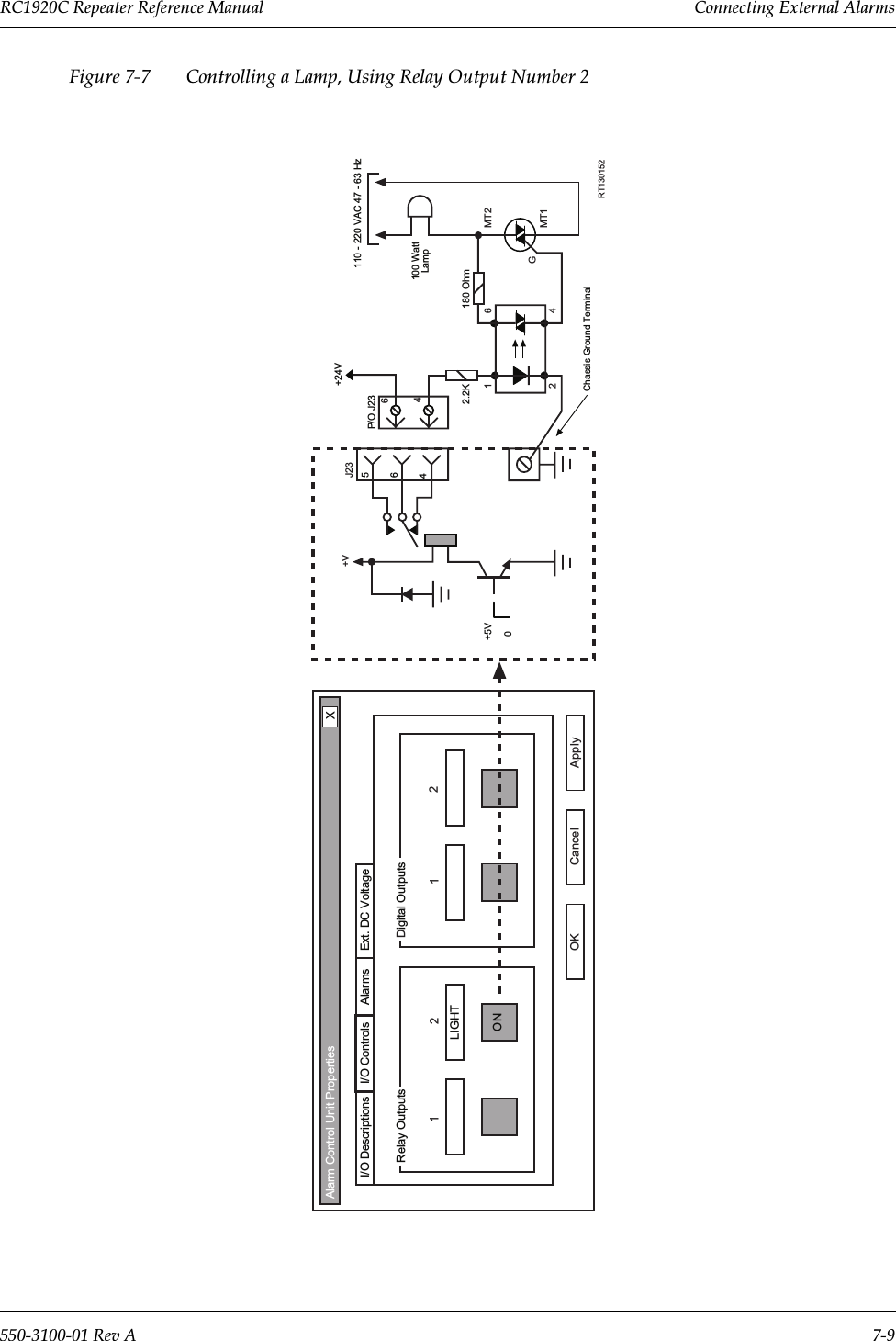 5&amp;&amp;5HSHDWHU5HIHUHQFH0DQXDO  &amp;RQQHFWLQJ([WHUQDO$ODUPV5HY$ )LJXUH  &amp;RQWUROOLQJD/DPS8VLQJ5HOD\2XWSXW1XPEHUOK Cancel ApplyRelay Outputs Digital Outputs12 12I/O Descriptions I/O Controls Alarms Ext. DC VoltageXAlarm Control Unit PropertiesONLIGHT+5V0465110 - 220 VAC 47 - 63 Hz+24VP/O J2364100 WattLamp180 OhmGMT2612.2K24 MT1Chassis Ground TerminalRT130152+V J23