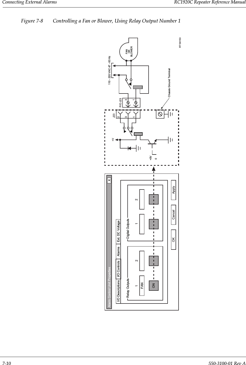 &amp;RQQHFWLQJ([WHUQDO$ODUPV 5&amp;&amp;5HSHDWHU5HIHUHQFH0DQXDO 5HY$)LJXUH  &amp;RQWUROOLQJD)DQRU%ORZHU8VLQJ5HOD\2XWSXW1XPEHU110 - 220 VAC 47 - 63 HzChassis Ground TerminalRT130153OK Cancel ApplyRelay Outputs Digital Outputs12 12I/O Descriptions I/O Controls Alarms Ext. DC VoltageXAlarm Control Unit PropertiesON+5V0132FAN31P/O J23+V J23FANORBLOWER