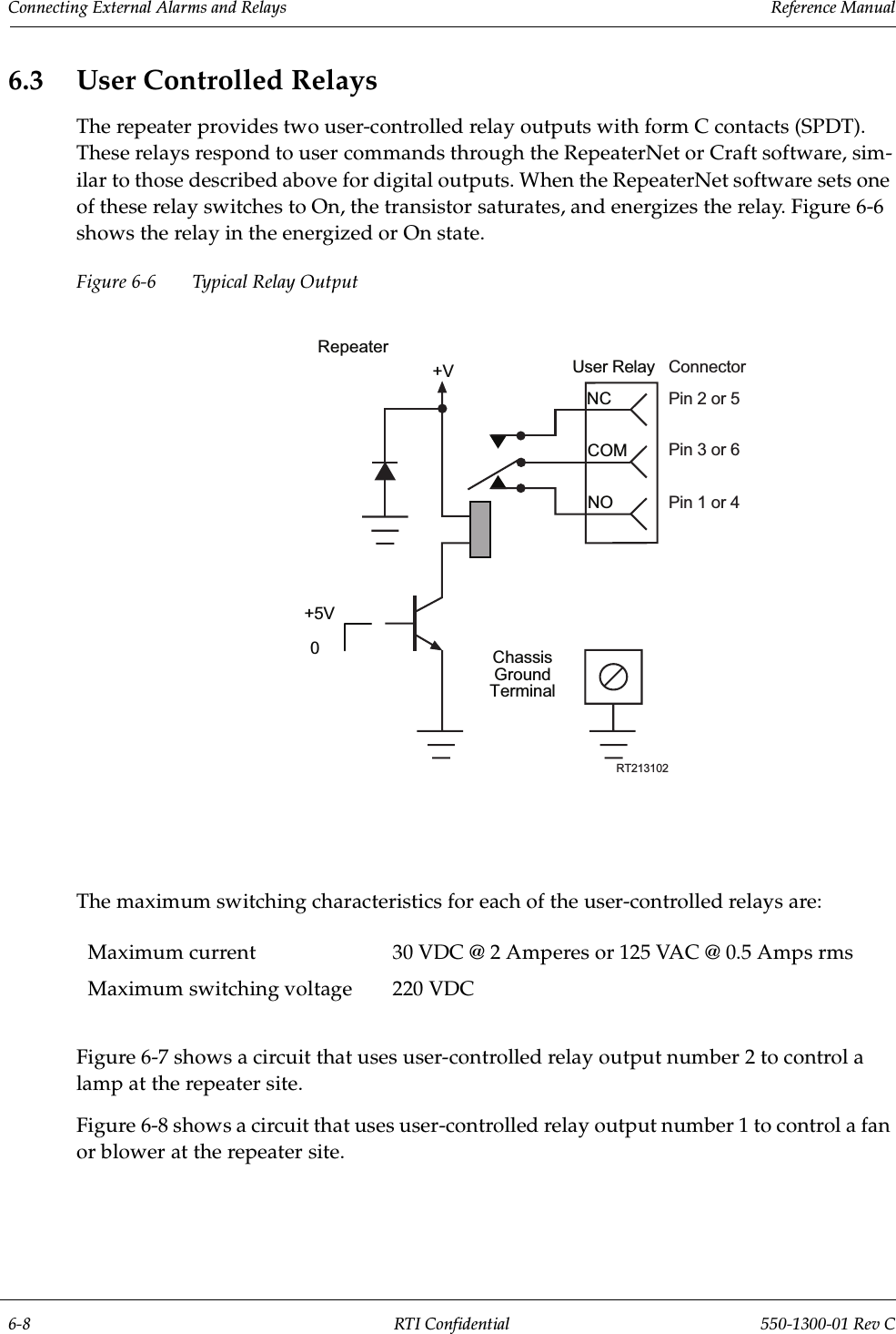 Connecting External Alarms and Relays                 Reference Manual6-8 RTI Confidential 550-1300-01 Rev C6.3 User Controlled RelaysThe repeater provides two user-controlled relay outputs with form C contacts (SPDT). These relays respond to user commands through the RepeaterNet or Craft software, sim-ilar to those described above for digital outputs. When the RepeaterNet software sets one of these relay switches to On, the transistor saturates, and energizes the relay. Figure 6-6 shows the relay in the energized or On state.Figure 6-6 Typical Relay OutputThe maximum switching characteristics for each of the user-controlled relays are:Figure 6-7 shows a circuit that uses user-controlled relay output number 2 to control a lamp at the repeater site.Figure 6-8 shows a circuit that uses user-controlled relay output number 1 to control a fan or blower at the repeater site.Maximum current 30 VDC @ 2 Amperes or 125 VAC @ 0.5 Amps rmsMaximum switching voltage 220 VDC+VRepeater+5V0ChassisGroundTerminalNONCUser RelayRT213102COMPin 2 or 5Pin 1 or 4Pin 3 or 6Connector