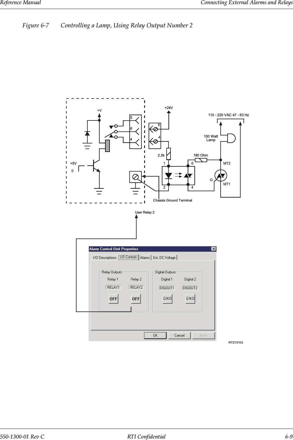 Reference Manual     Connecting External Alarms and Relays550-1300-01 Rev C RTI Confidential 6-9Figure 6-7 Controlling a Lamp, Using Relay Output Number 2+5V0465110 - 220 VAC 47 - 63 Hz+24V64100 WattLamp180 OhmGMT2612.2k24 MT1Chassis Ground TerminalRT213103+VUser Relay 2