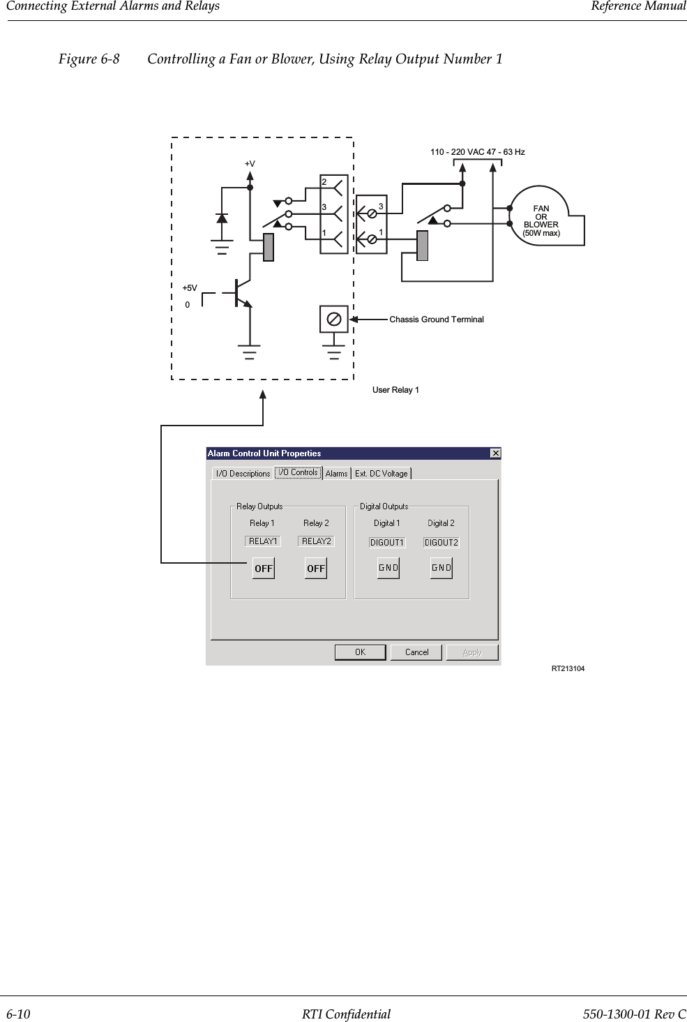 Connecting External Alarms and Relays                 Reference Manual6-10 RTI Confidential 550-1300-01 Rev CFigure 6-8 Controlling a Fan or Blower, Using Relay Output Number 1110 - 220 VAC 47 - 63 HzChassis Ground TerminalRT213104+5V013231+VFANORBLOWER(50W max)User Relay 1
