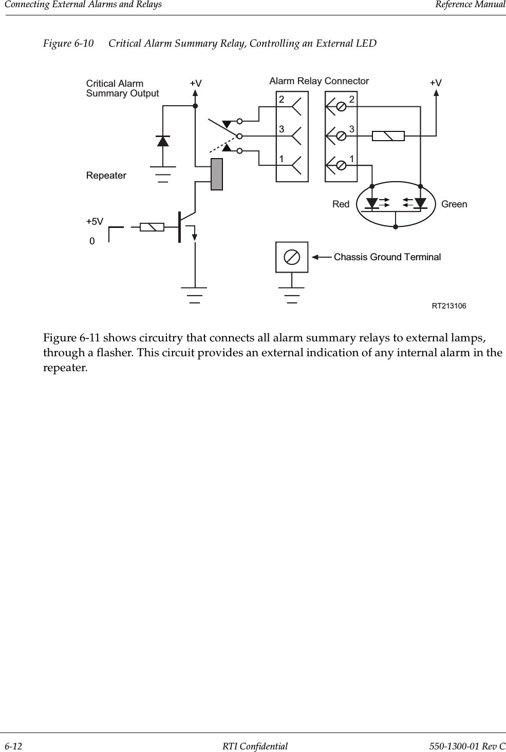 Connecting External Alarms and Relays                 Reference Manual6-12 RTI Confidential 550-1300-01 Rev CFigure 6-10 Critical Alarm Summary Relay, Controlling an External LEDFigure 6-11 shows circuitry that connects all alarm summary relays to external lamps, through a flasher. This circuit provides an external indication of any internal alarm in the repeater.+VRepeater+5V0132RT213106Critical AlarmSummary Output 231Chassis Ground TerminalRed Green+VAlarm Relay Connector