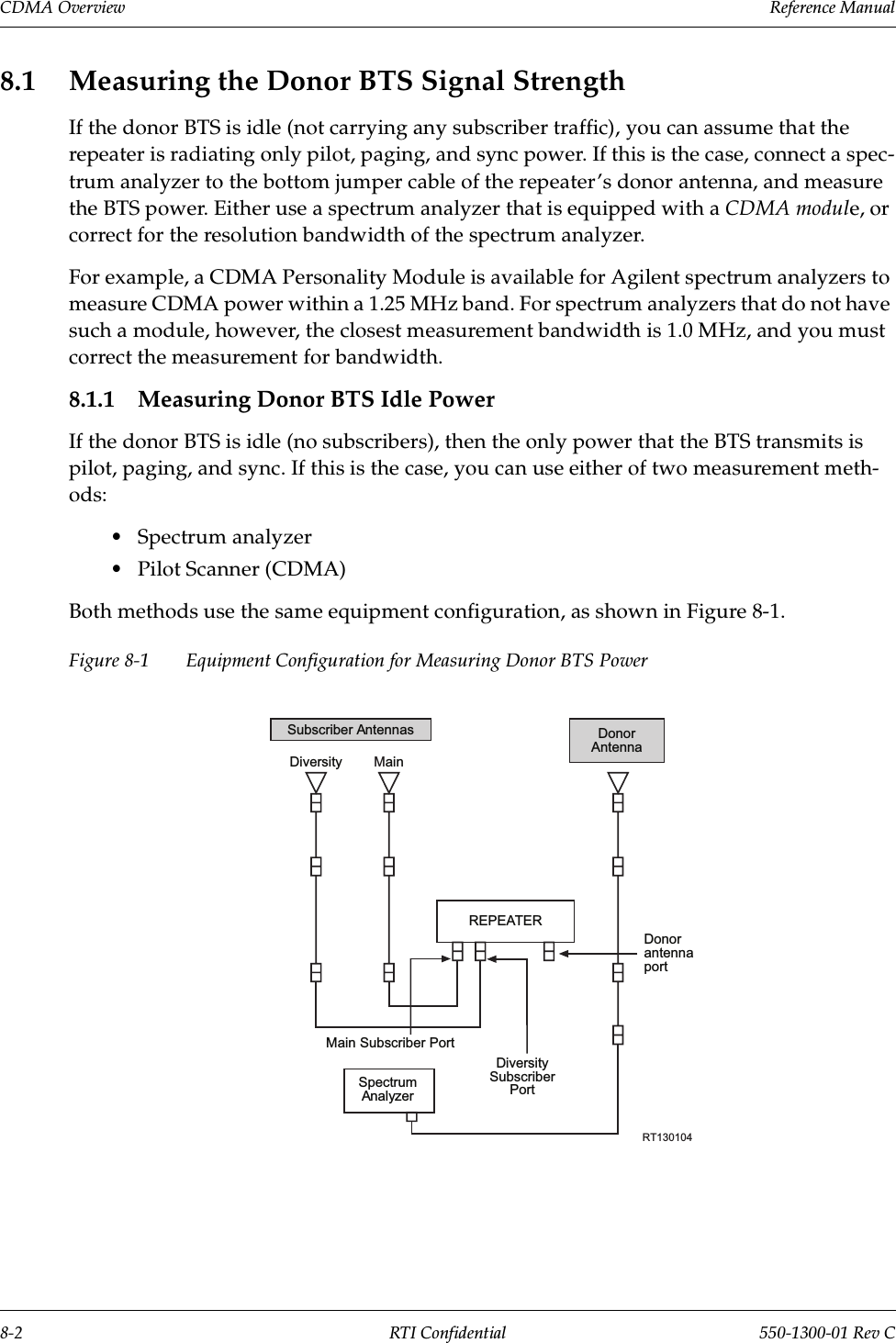 CDMA Overview                 Reference Manual8-2 RTI Confidential 550-1300-01 Rev C8.1 Measuring the Donor BTS Signal StrengthIf the donor BTS is idle (not carrying any subscriber traffic), you can assume that the repeater is radiating only pilot, paging, and sync power. If this is the case, connect a spec-trum analyzer to the bottom jumper cable of the repeater’s donor antenna, and measure the BTS power. Either use a spectrum analyzer that is equipped with a CDMA module, or correct for the resolution bandwidth of the spectrum analyzer.For example, a CDMA Personality Module is available for Agilent spectrum analyzers to measure CDMA power within a 1.25 MHz band. For spectrum analyzers that do not have such a module, however, the closest measurement bandwidth is 1.0 MHz, and you must correct the measurement for bandwidth.8.1.1 Measuring Donor BTS Idle PowerIf the donor BTS is idle (no subscribers), then the only power that the BTS transmits is pilot, paging, and sync. If this is the case, you can use either of two measurement meth-ods: •Spectrum analyzer•Pilot Scanner (CDMA)Both methods use the same equipment configuration, as shown in Figure 8-1.Figure 8-1 Equipment Configuration for Measuring Donor BTS PowerSubscriber Antennas DonorAntennaDiversity MainREPEATERSpectrumAnalyzerMain Subscriber PortDiversitySubscriberPortDonorantennaportRT130104