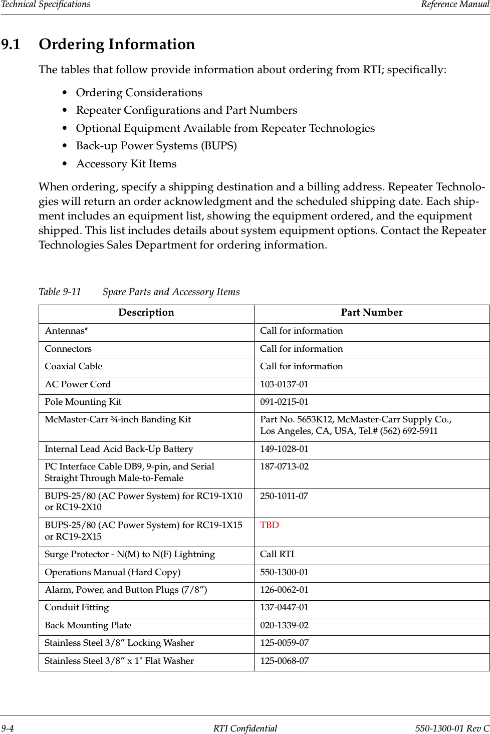 Technical Specifications                 Reference Manual9-4 RTI Confidential 550-1300-01 Rev C9.1 Ordering InformationThe tables that follow provide information about ordering from RTI; specifically:•Ordering Considerations•Repeater Configurations and Part Numbers•Optional Equipment Available from Repeater Technologies•Back-up Power Systems (BUPS)•Accessory Kit ItemsWhen ordering, specify a shipping destination and a billing address. Repeater Technolo-gies will return an order acknowledgment and the scheduled shipping date. Each ship-ment includes an equipment list, showing the equipment ordered, and the equipment shipped. This list includes details about system equipment options. Contact the Repeater Technologies Sales Department for ordering information.Table 9-11 Spare Parts and Accessory Items Description Part NumberAntennas* Call for informationConnectors Call for informationCoaxial Cable Call for informationAC Power Cord 103-0137-01Pole Mounting Kit 091-0215-01McMaster-Carr ¾-inch Banding Kit Part No. 5653K12, McMaster-Carr Supply Co., Los Angeles, CA, USA, Tel.# (562) 692-5911Internal Lead Acid Back-Up Battery 149-1028-01PC Interface Cable DB9, 9-pin, and Serial Straight Through Male-to-Female187-0713-02BUPS-25/80 (AC Power System) for RC19-1X10 or RC19-2X10250-1011-07BUPS-25/80 (AC Power System) for RC19-1X15 or RC19-2X15TBDSurge Protector - N(M) to N(F) Lightning Call RTIOperations Manual (Hard Copy) 550-1300-01Alarm, Power, and Button Plugs (7/8”) 126-0062-01Conduit Fitting 137-0447-01Back Mounting Plate 020-1339-02Stainless Steel 3/8” Locking Washer 125-0059-07Stainless Steel 3/8” x 1&quot; Flat Washer 125-0068-07