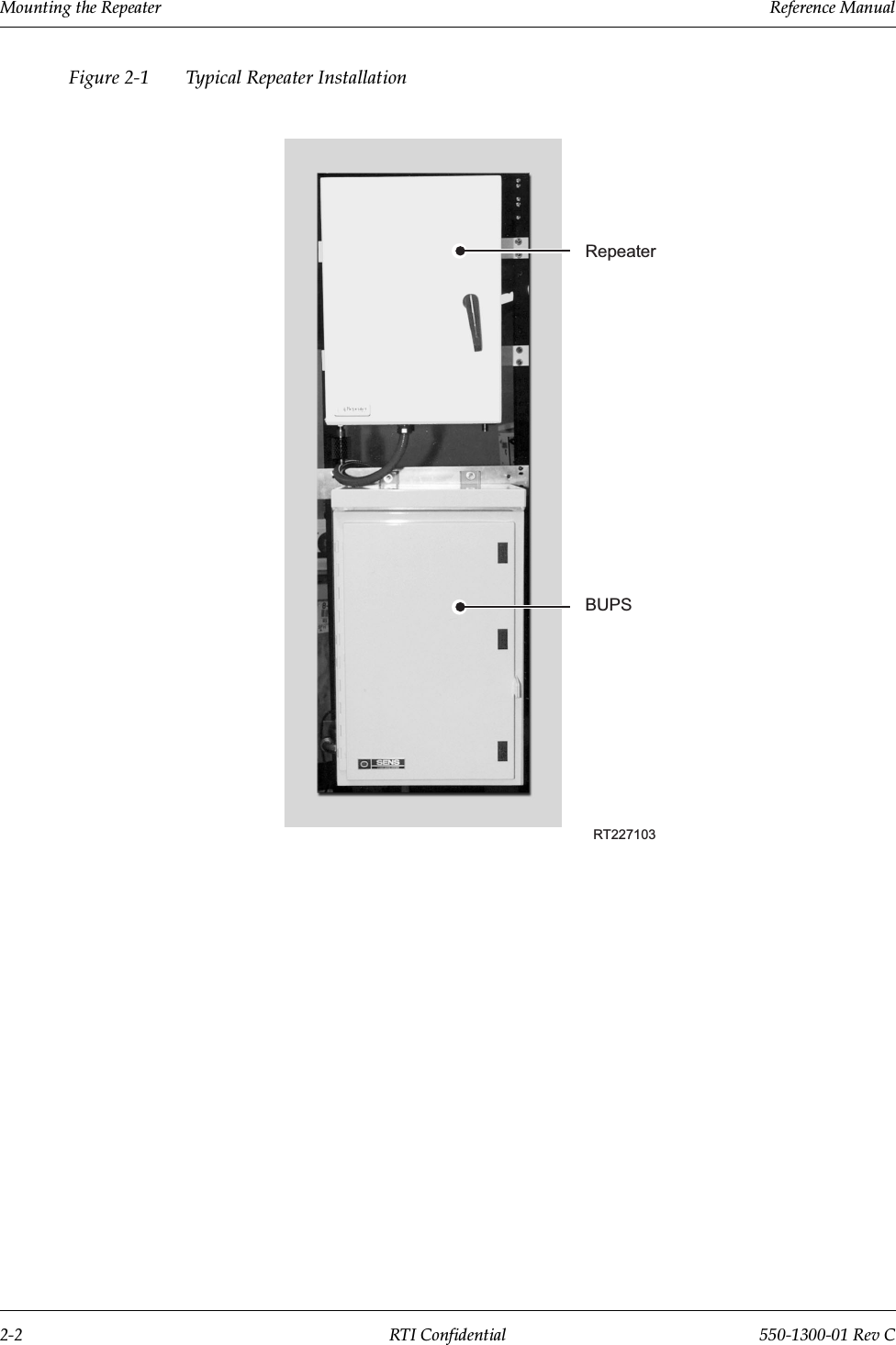 Mounting the Repeater                 Reference Manual2-2 RTI Confidential 550-1300-01 Rev CFigure 2-1 Typical Repeater InstallationRT227103BUPSRepeater