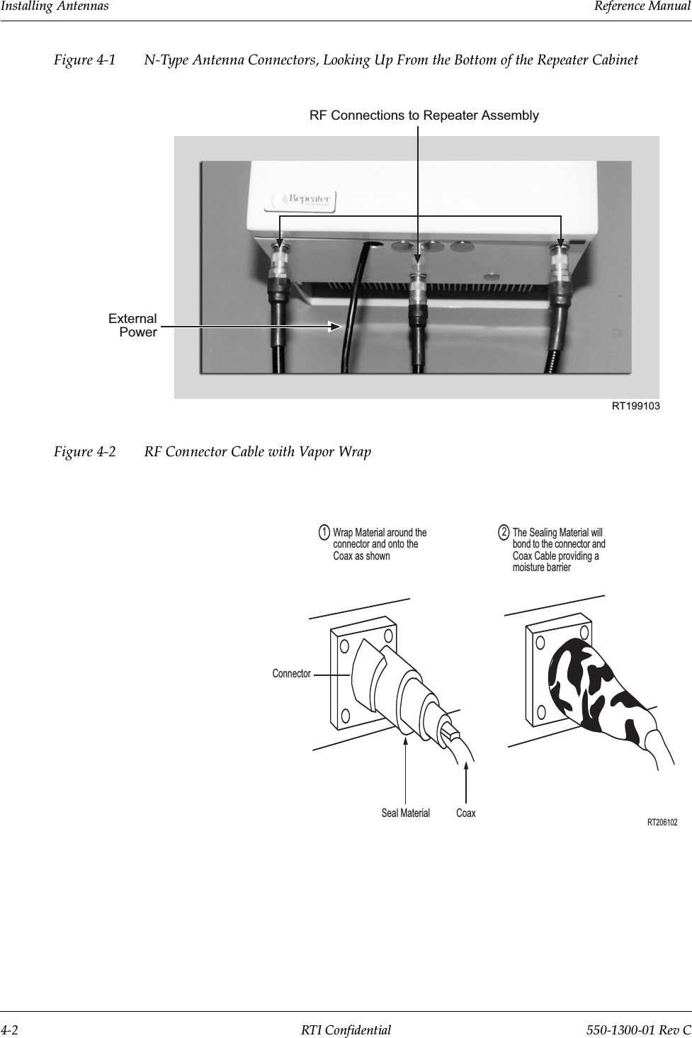 Installing Antennas                 Reference Manual4-2 RTI Confidential 550-1300-01 Rev CFigure 4-1 N-Type Antenna Connectors, Looking Up From the Bottom of the Repeater CabinetFigure 4-2 RF Connector Cable with Vapor WrapRT199103ExternalPowerRF Connections to Repeater AssemblyRT206102CoaxSeal MaterialConnectorThe Sealing Material willbond to the connector andCoax Cable providing amoisture barrier2Wrap Material around theconnector and onto theCoax as shown1