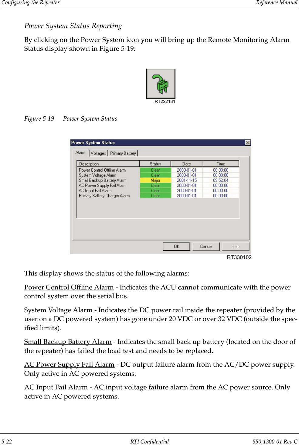 Configuring the Repeater                 Reference Manual5-22 RTI Confidential 550-1300-01 Rev CPower System Status ReportingBy clicking on the Power System icon you will bring up the Remote Monitoring Alarm Status display shown in Figure 5-19:Figure 5-19 Power System Status This display shows the status of the following alarms:Power Control Offline Alarm - Indicates the ACU cannot communicate with the power control system over the serial bus.System Voltage Alarm - Indicates the DC power rail inside the repeater (provided by the user on a DC powered system) has gone under 20 VDC or over 32 VDC (outside the spec-ified limits).Small Backup Battery Alarm - Indicates the small back up battery (located on the door of the repeater) has failed the load test and needs to be replaced.AC Power Supply Fail Alarm - DC output failure alarm from the AC/DC power supply. Only active in AC powered systems.AC Input Fail Alarm - AC input voltage failure alarm from the AC power source. Only active in AC powered systems.RT222131RT330102