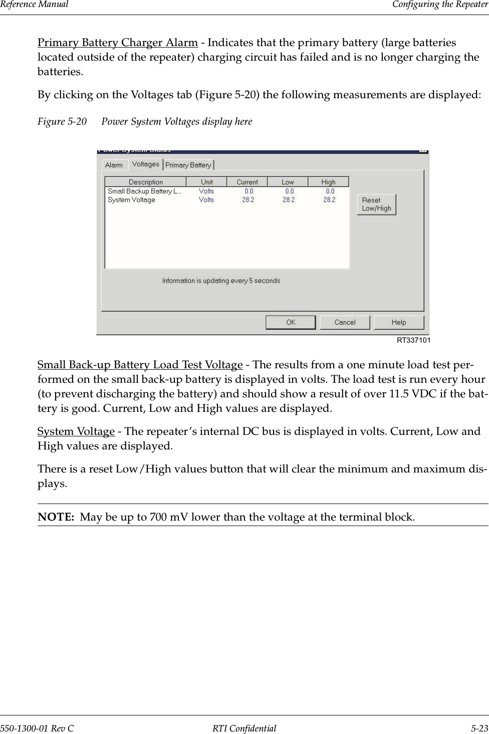 Reference Manual     Configuring the Repeater550-1300-01 Rev C RTI Confidential 5-23Primary Battery Charger Alarm - Indicates that the primary battery (large batteries located outside of the repeater) charging circuit has failed and is no longer charging the batteries. By clicking on the Voltages tab (Figure 5-20) the following measurements are displayed: Figure 5-20 Power System Voltages display hereSmall Back-up Battery Load Test Voltage - The results from a one minute load test per-formed on the small back-up battery is displayed in volts. The load test is run every hour (to prevent discharging the battery) and should show a result of over 11.5 VDC if the bat-tery is good. Current, Low and High values are displayed.System Voltage - The repeater’s internal DC bus is displayed in volts. Current, Low and High values are displayed.There is a reset Low/High values button that will clear the minimum and maximum dis-plays.NOTE:  May be up to 700 mV lower than the voltage at the terminal block. RT337101