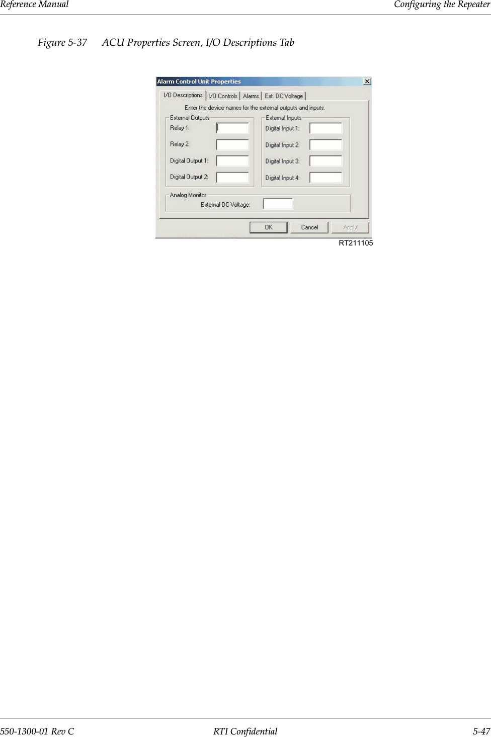 Reference Manual     Configuring the Repeater550-1300-01 Rev C RTI Confidential 5-47Figure 5-37 ACU Properties Screen, I/O Descriptions TabRT211105