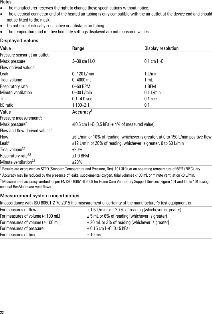 22   Notes:  • The manufacturer reserves the right to change these specifications without notice. • The electrical connector end of the heated air tubing is only compatible with the air outlet at the device end and should not be fitted to the mask. • Do not use electrically conductive or antistatic air tubing. • The temperature and relative humidity settings displayed are not measured values.  Displayed values Value Range Display resolution Pressure sensor at air outlet: Mask pressure 3–30 cm H2O 0.1 cm H2O Flow derived values: Leak 0–120 L/min 1 L/min Tidal volume 0–4000 mL 1 mL Respiratory rate 0–50 BPM 1 BPM Minute ventilation 0–30 L/min 0.1 L/min Ti 0.1–4.0 sec 0.1 sec I:E ratio 1:100–2:1 0.1 Value Accuracy1 Pressure measurement1: Mask pressure2 ±[0.5 cm H2O (0.5 hPa) + 4% of measured value] Flow and flow derived values1: Flow ±6 L/min or 10% of reading, whichever is greater, at 0 to 150 L/min positive flow Leak2 ±12 L/min or 20% of reading, whichever is greater, 0 to 60 L/min Tidal volume2,3 ±20% Respiratory rate2,3 ±1.0 BPM Minute ventilation2,3 ±20% 1 Results are expressed as STPD (Standard Temperature and Pressure, Dry). 101.3kPa at an operating temperature of 68°F (20°C), dry. 2 Accuracy may be reduced by the presence of leaks, supplemental oxygen, tidal volumes &lt;100 mL or minute ventilation &lt;3 L/min. 3 Measurement accuracy verified as per EN ISO 10651-6:2009 for Home Care Ventilatory Support Devices (Figure 101 and Table 101) using nominal ResMed mask vent flows.  Measurement system uncertainties In accordance with ISO 80601-2-70:2015 the measurement uncertainty of the manufacturer&apos;s test equipment is: For measures of flow ± 1.5 L/min or ± 2.7% of reading (whichever is greater) For measures of volume (&lt; 100 mL) ± 5 mL or 6% of reading (whichever is greater) For measures of volume (≥ 100 mL) ± 20 mL or 3% of reading (whichever is greater) For measures of pressure ± 0.15 cm H2O (0.15 hPa) For measures of time ± 10 ms   