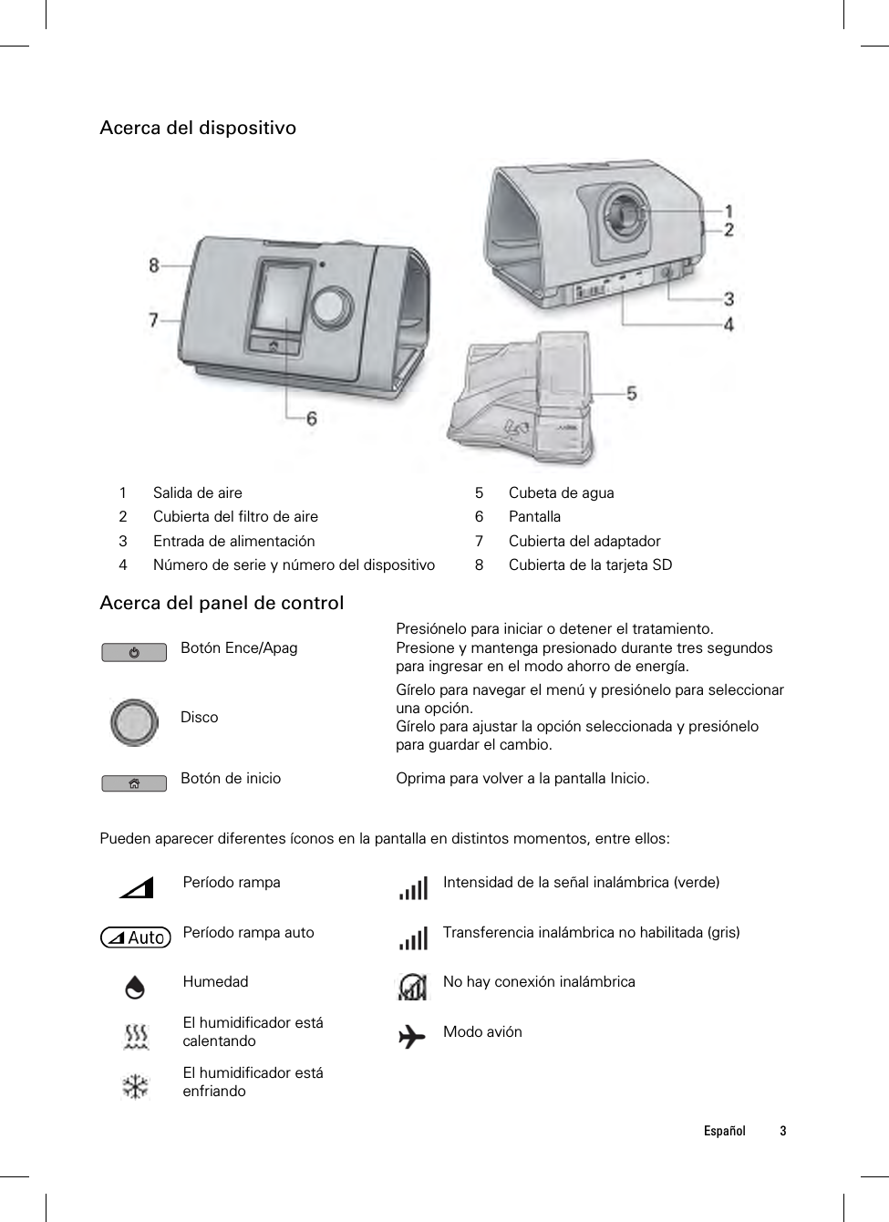  Español 3  Acerca del dispositivo   1  Salida de aire  5  Cubeta de agua2  Cubierta del filtro de aire 6  Pantalla3 Entrada de alimentación 7 Cubierta del adaptador4  Número de serie y número del dispositivo 8 Cubierta de la tarjeta SD  Acerca del panel de control  Botón Ence/Apag Presiónelo para iniciar o detener el tratamiento.Presione y mantenga presionado durante tres segundos para ingresar en el modo ahorro de energía.  Disco Gírelo para navegar el menú y presiónelo para seleccionar una opción. Gírelo para ajustar la opción seleccionada y presiónelo para guardar el cambio.  Botón de inicio  Oprima para volver a la pantalla Inicio.   Pueden aparecer diferentes íconos en la pantalla en distintos momentos, entre ellos:     Período rampa   Intensidad de la señal inalámbrica (verde)  Período rampa auto   Transferencia inalámbrica no habilitada (gris)  Humedad  No hay conexión inalámbrica  El humidificador está calentando   Modo avión  El humidificador está enfriando    