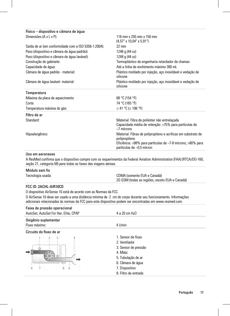  Português 17   Físico – dispositivo e câmara de água Dimensões (A x L x P):  116 mm x 255 mm x 150 mm (4,57&quot; x 10,04&quot; x 5,91&quot;)  Saída de ar (em conformidade com a ISO 5356-1:2004):  22 mm Peso (dispositivo e câmara de água padrão):  1248 g (44 oz) Peso (dispositivo e câmara de água lavável):  1248 g (44 oz) Construção do gabinete:  Termoplástico de engenharia retardador de chamas Capacidade de água:  Até a linha de enchimento máximo 380 mL Câmara de água padrão - material:  Plástico moldado por injeção, aço inoxidável e vedação de silicone Câmara de água lavável- material:  Plástico moldado por injeção, aço inoxidável e vedação de silicone   Temperatura Máxima da placa de aquecimento  68 °C (154 °F) Corte:  74 °C (165 °F) Temperatura máxima do gás:  41 °C ( 106 °F)   Filtro de ar Standard:  Material: Fibra de poliéster não entrelaçada Capacidade média de retenção: &gt;75% para partículas de ~7 mícrons Hipoalergênico:  Material: Fibras de polipropileno e acrílicas em substrato de polipropileno Eficiência: &gt;98% para partículas de ~7-8 mícrons; &gt;80% para partículas de ~0,5 mícron   Uso em aeronaves A ResMed confirma que o dispositivo cumpre com os requerimentos da Federal Aviation Administration (FAA) (RTCA/DO-160, seção 21, categoria M) para todas as fases das viagens aéreas.   Módulo sem fio Tecnologia usada:  CDMA (somente EUA e Canadá) 2G GSM (todas as regiões, exceto EUA e Canadá)   FCC ID: 2ACHL-AIR10CD O dispositivo AirSense 10 está de acordo com as Normas da FCC. O AirSense 10 deve ser usado a uma distância mínima de  2  cm do corpo durante seu funcionamento. Informações adicionais relacionadas às normas da FCC para este dispositivo podem ser encontradas em www.resmed.com.   Faixa de pressão operacional AutoSet, AutoSet For Her, Elite, CPAP  4 a 20 cm H2O   Oxigênio suplementar Fluxo máximo:  4 l/min   Circuito do fluxo de ar  1. Sensor de fluxo 2. Ventilador 3. Sensor de pressão 4. Másc 5. Tubulação de ar 6. Câmara de água 7. Dispositivo 8. Filtro de entrada   