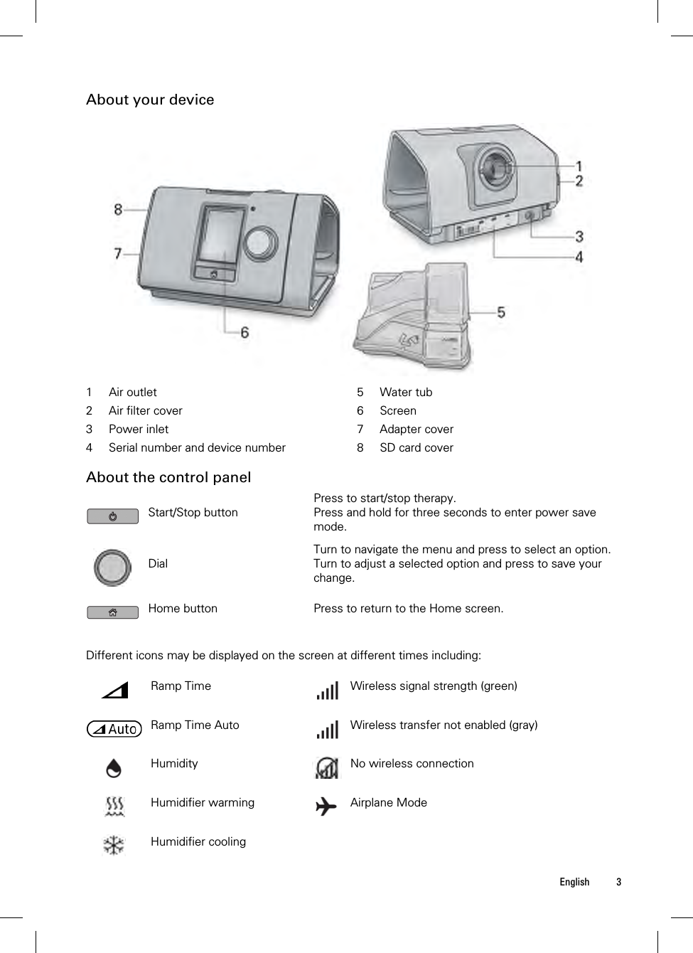  English 3  About your device   1  Air outlet  5 Water tub2  Air filter cover  6 Screen3 Power inlet  7 Adapter cover4  Serial number and device number 8 SD card cover  About the control panel  Start/Stop button Press to start/stop therapy.Press and hold for three seconds to enter power save mode.  Dial Turn to navigate the menu and press to select an option. Turn to adjust a selected option and press to save your change.  Home button  Press to return to the Home screen.   Different icons may be displayed on the screen at different times including:   Ramp Time   Wireless signal strength (green)  Ramp Time Auto   Wireless transfer not enabled (gray)  Humidity  No wireless connection  Humidifier warming   Airplane Mode  Humidifier cooling      