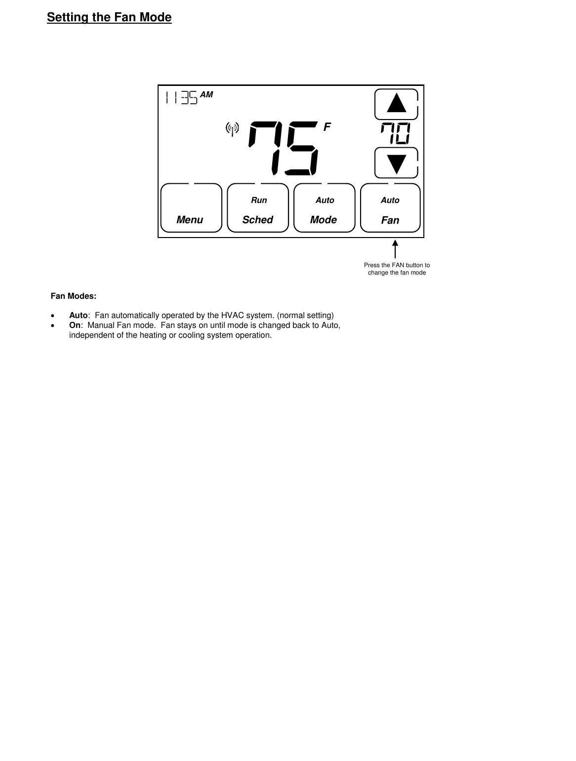 Setting the Fan Mode                                                        Fan Modes:   Auto:  Fan automatically operated by the HVAC system. (normal setting)  On:  Manual Fan mode.  Fan stays on until mode is changed back to Auto, independent of the heating or cooling system operation. Press the FAN button to change the fan mode 75       1135  AM  Fan     F Menu   Sched       Mode  Run Auto Auto 70    