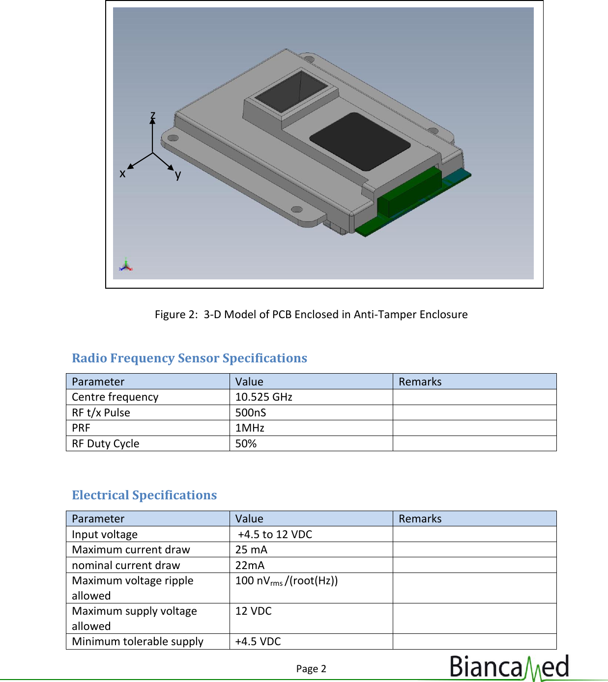 Page 2   Figure 2:  3-D Model of PCB Enclosed in Anti-Tamper Enclosure  Radio Frequency Sensor Specifications Parameter Value Remarks Centre frequency 10.525 GHz  RF t/x Pulse 500nS  PRF 1MHz  RF Duty Cycle 50%   Electrical Specifications Parameter Value Remarks Input voltage  +4.5 to 12 VDC  Maximum current draw 25 mA  nominal current draw 22mA  Maximum voltage ripple allowed 100 nVrms /(root(Hz))  Maximum supply voltage allowed 12 VDC  Minimum tolerable supply +4.5 VDC   x y z 