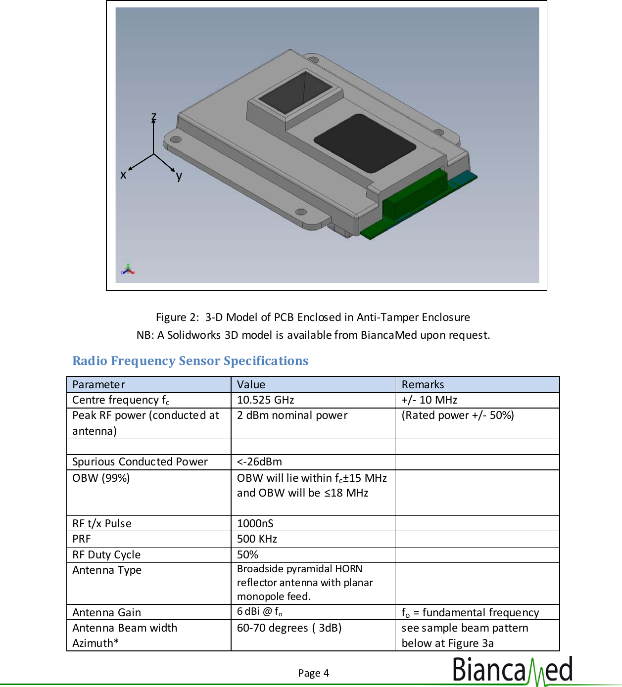 Page 4   Figure 2:  3-D Model of PCB Enclosed in Anti-Tamper Enclosure NB: A Solidworks 3D model is available from BiancaMed upon request. Radio Frequency Sensor Specifications Parameter Value Remarks Centre frequency fc 10.525 GHz +/- 10 MHz Peak RF power (conducted at antenna)  2 dBm nominal power (Rated power +/- 50%)    Spurious Conducted Power  &lt;-26dBm   OBW (99%) OBW will lie within fc±15 MHz and OBW will be ≤18 MHz   RF t/x Pulse 1000nS   PRF 500 KHz   RF Duty Cycle 50%   Antenna Type  Broadside pyramidal HORN reflector antenna with planar monopole feed.   Antenna Gain 6 dBi @ fo fo = fundamental frequency Antenna Beam width Azimuth*  60-70 degrees ( 3dB) see sample beam pattern below at Figure 3a  x y z 