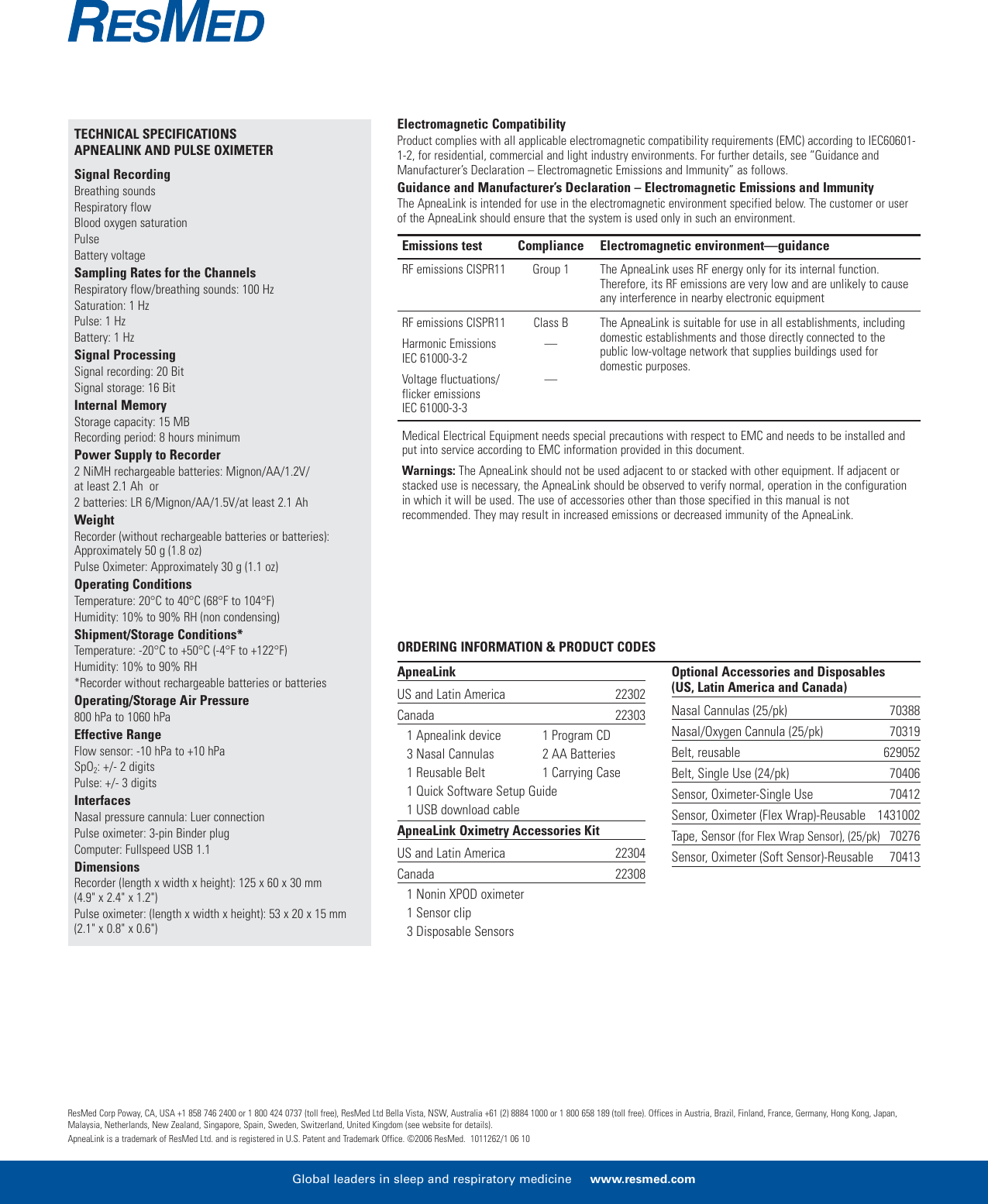 Page 4 of 4 - Resmed Resmed-Sleep-Screening-Tool-Apnealink-Users-Manual- 1011262-1 Apnealink Broch  Resmed-sleep-screening-tool-apnealink-users-manual