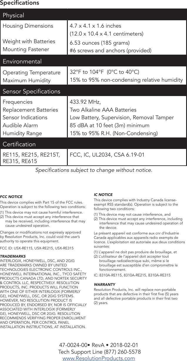 SpecicationsPhysical Housing DimensionsWeight with BatteriesMounting Fastener4.7 x 4.1 x 1.6 inches (12.0 x 10.4 x 4.1 centimeters)6.53 ounces (185 grams)#6 screws and anchors (provided)EnvironmentalOperating TemperatureMaximum Humidity32°F to 104°F  (0°C to 40°C)15% to 95% non-condensing relative humiditySensor SpecicationsFrequenciesReplacement BatteriesSensor IndicationsAudible AlarmHumidity Range433.92 MHz, Two Alkaline AAA Batteries  Low Battery, Supervision, Removal Tamper85 dBA at 10 feet (3m) minimum15% to 95% R.H. (Non-Condensing)CerticationRE115, RE215, RE215T, RE315, RE615FCC, IC, UL2034, CSA 6.19-01Specications subject to change without notice.IC NOTICEThis device complies with Industry Canada license-exempt RSS standard(s). Operation is subject to the following two conditions:(1) This device may not cause interference, and(2) This device must accept any interference, including interference that may cause undesired operation of the device.Le présent appareil est conforme aux cnr d’Industrie Canada applicables aux appareils radio exempts de licence. L’exploitation est autorisée aux deux conditions suivantes:(1) L’appareil ne doit pas produire de brouillage, et(2) L’utilisateur de l’appareil doit accepter tout brouillage radioélectrique subi, même si le brouillage est susceptible d’en compromettre le fonctionnement.IC: 8310A-RE115, 8310A-RE215, 8310A-RE315WARRANTYResolution Products, Inc. will replace non-portable products that are defective in their rst ve (5) years and all defective portable products in their rst two (2) years.47-0024-00• RevA • 2018-02-01 Tech Support Line (877) 260-5578www.ResolutionProducts.comFCC NOTICEThis device complies with Part 15 of the FCC rules. Operation is subject to the following two conditions:(1) This device may not cause harmful interference.(2) This device must accept any interference that may be received, including interference that may cause undesired operation.Changes or modications not expressly approved by Resolution Products, Inc. could void the user’s authority to operate this equipment.FCC ID: U5X-RE115, U5X-RE215, U5X-RE315 TRADEMARKSINTERLOGIX, HONEYWELL, DSC, AND 2GIG ARE TRADEMARKS OWNED BY UNITED TECHNOLOGIES ELECTRONIC CONTROLS INC., HONEYWELL INTERNATIONAL INC., TYCO SAFETY PRODUCTS CANADA LTD, AND NORTEK SECURITY &amp; CONTROL LLC, RESPECTIVELY. RESOLUTION PRODUCTS, INC. PRODUCTS WILL FUNCTION WITH ONE OF EITHER INTERLOGIX (FORMERLY GE), HONEYWELL, DSC, OR 2GIG SYSTEMS. HOWEVER, NO RESOLUTION PRODUCT IS PRODUCED BY, ENDORSED BY, NOR IS OFFICIALLY ASSOCIATED WITH INTERLOGIX (FORMERLY GE), HONEYWELL, DSC OR 2GIG. RESOLUTION RECOMMENDS VERIFYING PROPER ENROLLMENT AND OPERATION, PER CONTROL PANEL INSTALLATION  INSTRUCTIONS,  AT  INSTALLATION.    