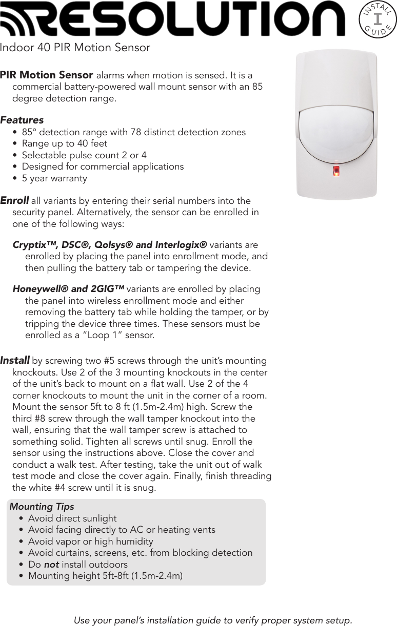 Page 1 of Resolution RE161 Wireless Motion Detector User Manual 
