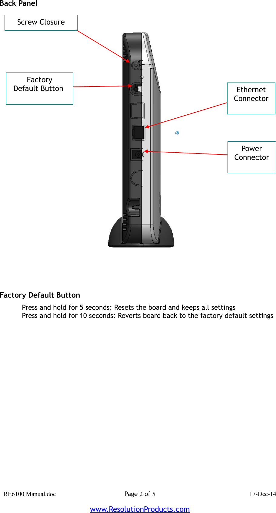 Back PanelFactory Default ButtonPress and hold for 5 seconds: Resets the board and keeps all settingsPress and hold for 10 seconds: Reverts board back to the factory default settingsRE6100 Manual.doc Page 2 of 5 17-Dec-14www.ResolutionProducts.comFactoryDefault Button Screw ClosurePowerConnectorEthernetConnector