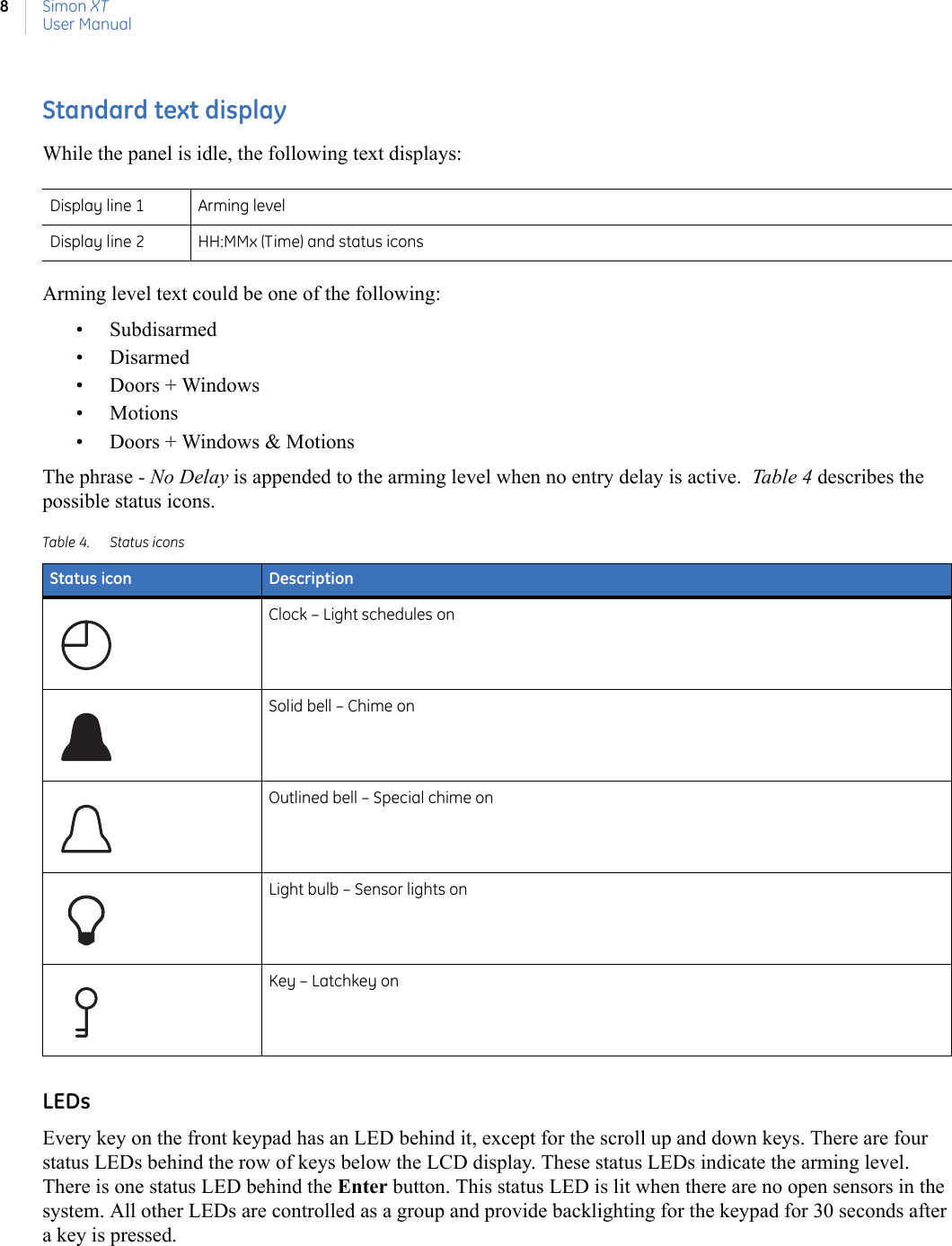 Simon XTUser Manual8Standard text displayWhile the panel is idle, the following text displays:Arming level text could be one of the following:• Subdisarmed• Disarmed• Doors + Windows• Motions• Doors + Windows &amp; MotionsThe phrase - No Delay is appended to the arming level when no entry delay is active.  Table 4 describes the possible status icons. LEDsEvery key on the front keypad has an LED behind it, except for the scroll up and down keys. There are four status LEDs behind the row of keys below the LCD display. These status LEDs indicate the arming level. There is one status LED behind the Enter button. This status LED is lit when there are no open sensors in the system. All other LEDs are controlled as a group and provide backlighting for the keypad for 30 seconds after a key is pressed.Display line 1 Arming levelDisplay line 2 HH:MMx (Time) and status iconsTable 4. Status iconsStatus icon DescriptionClock – Light schedules onSolid bell – Chime onOutlined bell – Special chime onLight bulb – Sensor lights onKey – Latchkey on