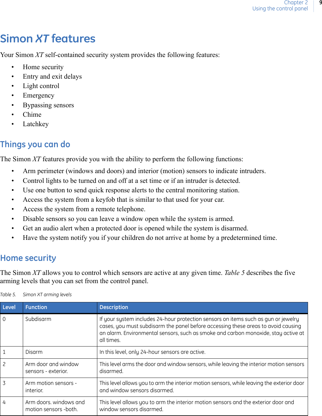Chapter 2Using the control panel9Simon XT featuresYour Simon XT self-contained security system provides the following features:• Home security • Entry and exit delays• Light control• Emergency• Bypassing sensors•Chime• LatchkeyThings you can doThe Simon XT features provide you with the ability to perform the following functions:• Arm perimeter (windows and doors) and interior (motion) sensors to indicate intruders.• Control lights to be turned on and off at a set time or if an intruder is detected.• Use one button to send quick response alerts to the central monitoring station.• Access the system from a keyfob that is similar to that used for your car.• Access the system from a remote telephone.• Disable sensors so you can leave a window open while the system is armed.• Get an audio alert when a protected door is opened while the system is disarmed.• Have the system notify you if your children do not arrive at home by a predetermined time.Home securityThe Simon XT allows you to control which sensors are active at any given time. Table 5 describes the five arming levels that you can set from the control panel. Table 5. Simon XT arming levelsLevel Function Description0 Subdisarm If your system includes 24-hour protection sensors on items such as gun or jewelry cases, you must subdisarm the panel before accessing these areas to avoid causing an alarm. Environmental sensors, such as smoke and carbon monoxide, stay active at all times.1 Disarm In this level, only 24-hour sensors are active.2 Arm door and window sensors - exterior.This level arms the door and window sensors, while leaving the interior motion sensors disarmed.3Arm motion sensors - interior.This level allows you to arm the interior motion sensors, while leaving the exterior door and window sensors disarmed.4 Arm doors. windows and motion sensors -both.This level allows you to arm the interior motion sensors and the exterior door and window sensors disarmed.