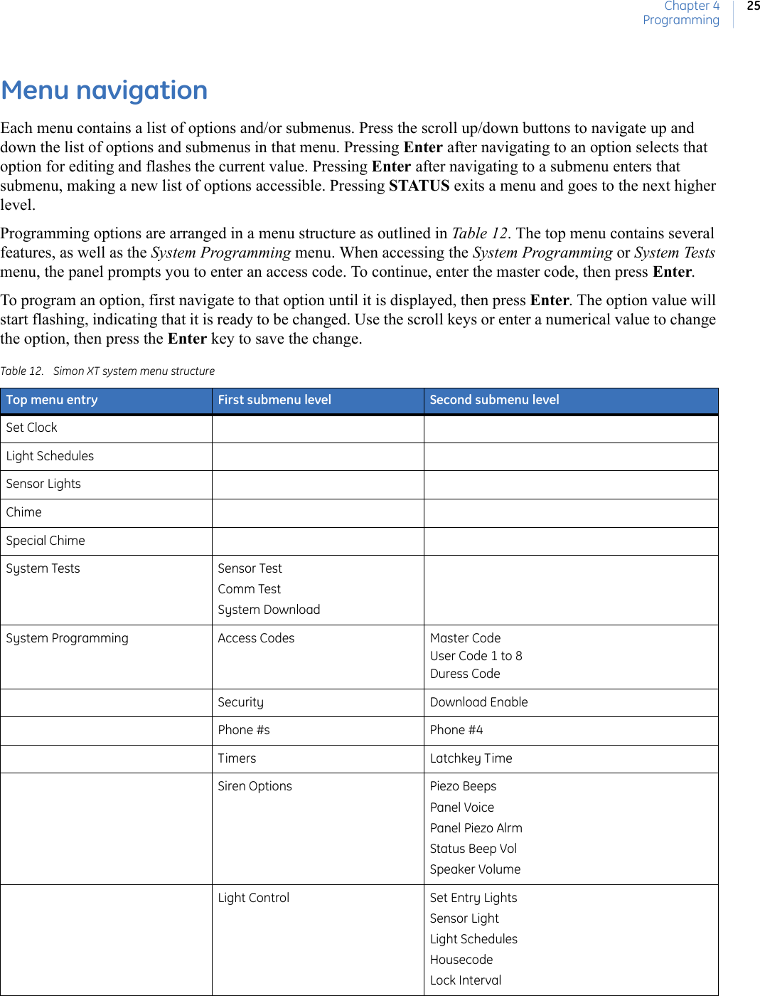 Chapter 4Programming25Menu navigationEach menu contains a list of options and/or submenus. Press the scroll up/down buttons to navigate up and down the list of options and submenus in that menu. Pressing Enter after navigating to an option selects that option for editing and flashes the current value. Pressing Enter after navigating to a submenu enters that submenu, making a new list of options accessible. Pressing STATUS exits a menu and goes to the next higher level.Programming options are arranged in a menu structure as outlined in Table 12. The top menu contains several features, as well as the System Programming menu. When accessing the System Programming or System Tests menu, the panel prompts you to enter an access code. To continue, enter the master code, then press Enter.To program an option, first navigate to that option until it is displayed, then press Enter. The option value will start flashing, indicating that it is ready to be changed. Use the scroll keys or enter a numerical value to change the option, then press the Enter key to save the change.Table 12. Simon XT system menu structureTop menu entry First submenu level Second submenu levelSet ClockLight Schedules Sensor LightsChimeSpecial ChimeSystem Tests Sensor TestComm TestSystem DownloadSystem Programming Access Codes Master CodeUser Code 1 to 8Duress CodeSecurity Download EnablePhone #s Phone #4 Timers Latchkey TimeSiren Options Piezo BeepsPanel VoicePanel Piezo AlrmStatus Beep VolSpeaker VolumeLight Control Set Entry LightsSensor LightLight SchedulesHousecodeLock Interval